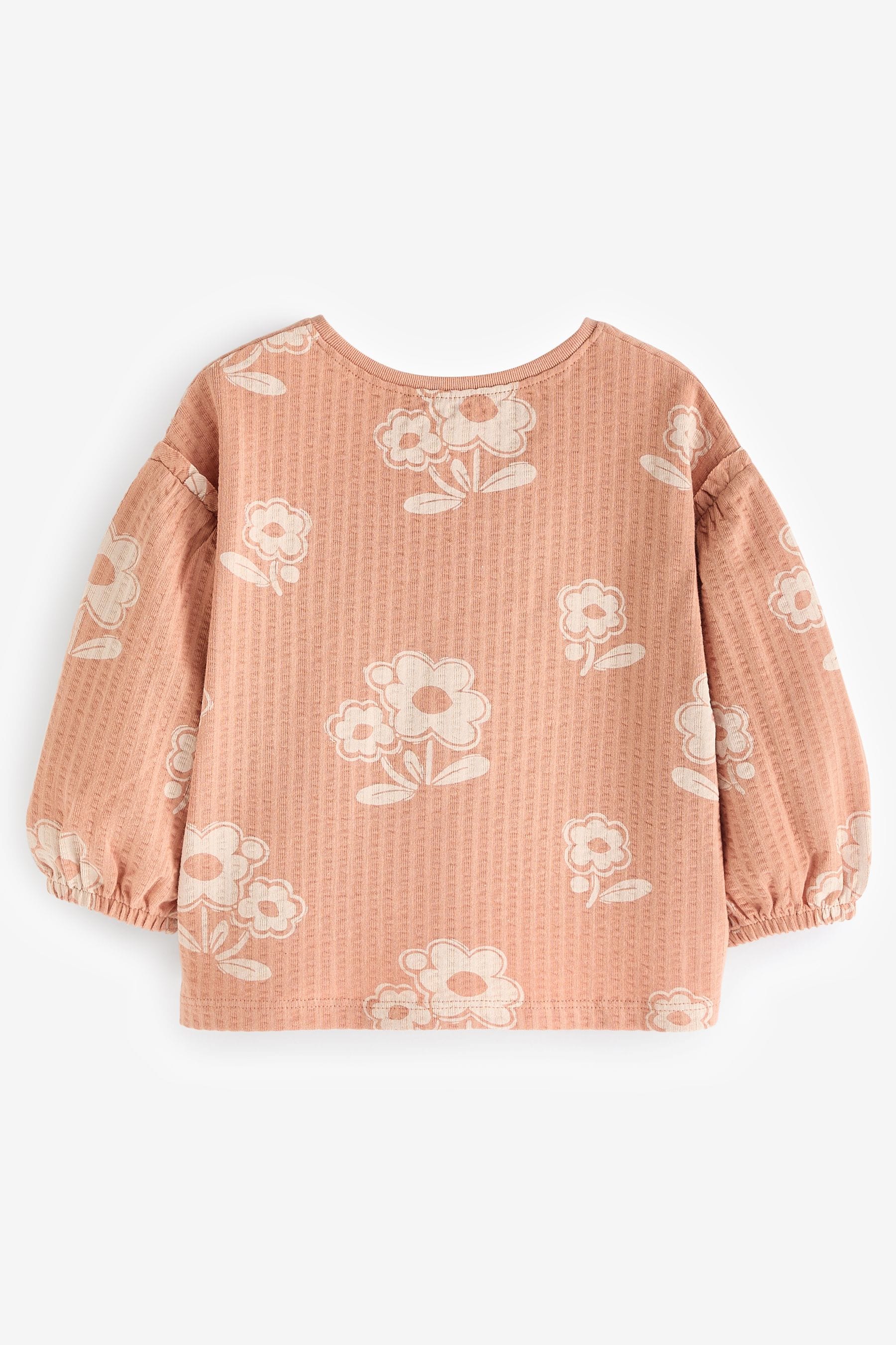 Peach Pink Flower 100% Cotton Long Sleeve Textured Top (3mths-7yrs)