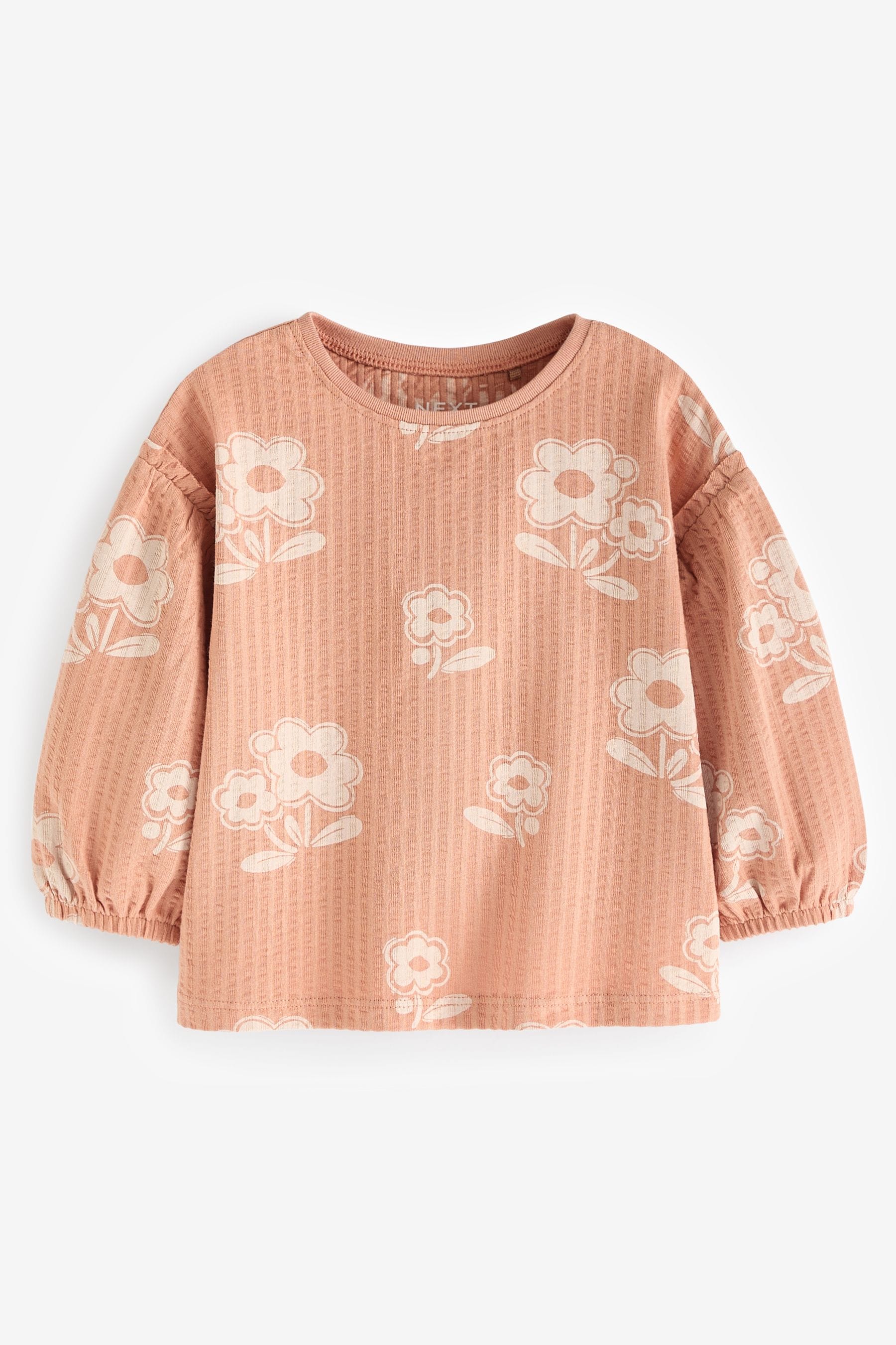 Peach Pink Flower 100% Cotton Long Sleeve Textured Top (3mths-7yrs)