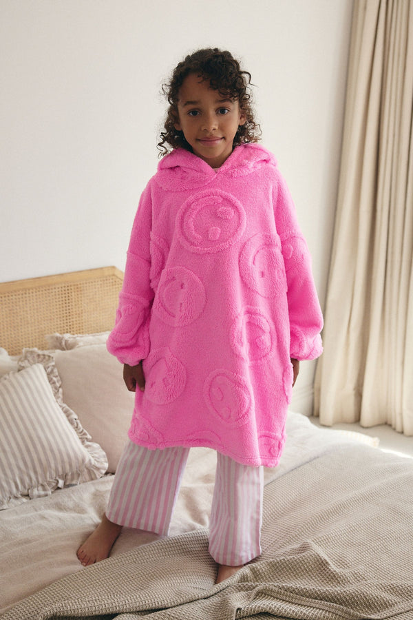 Pink Happy Face Jacquard Fleece Hooded Blanket (3-16yrs)