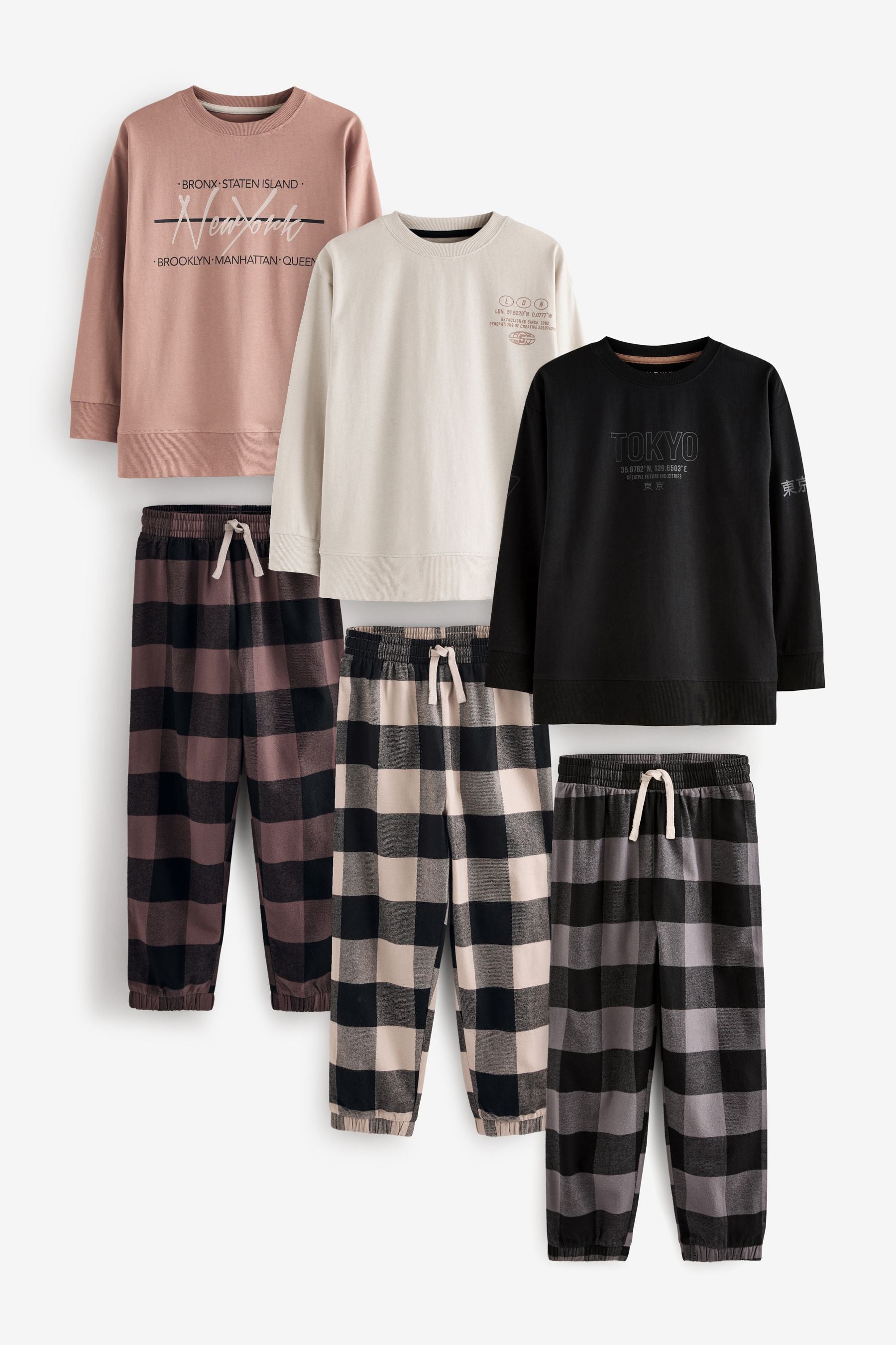 Neutral/Black Woven Check Pyjamas 3 Pack (3-16yrs)