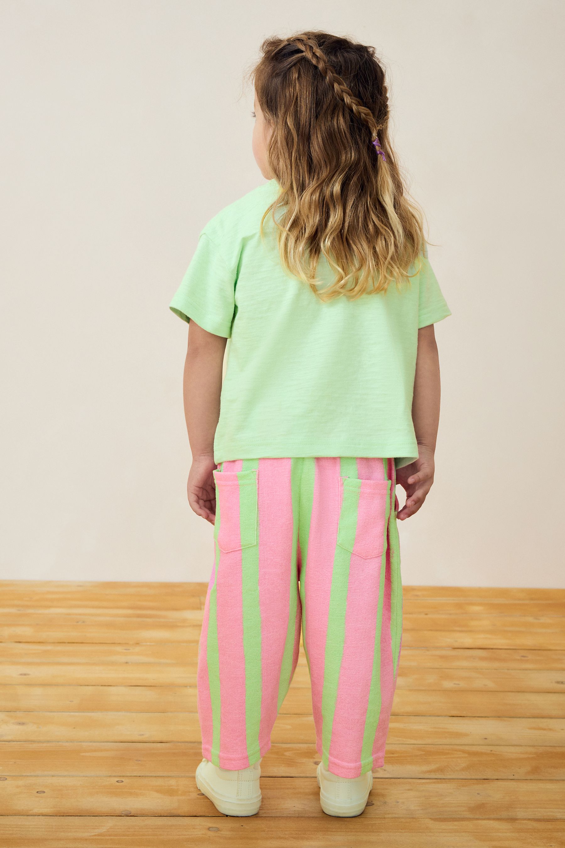 Pink/Green Slogan Short Sleeve T-Shirt And Wide Leg Trousers (3mths-7yrs)