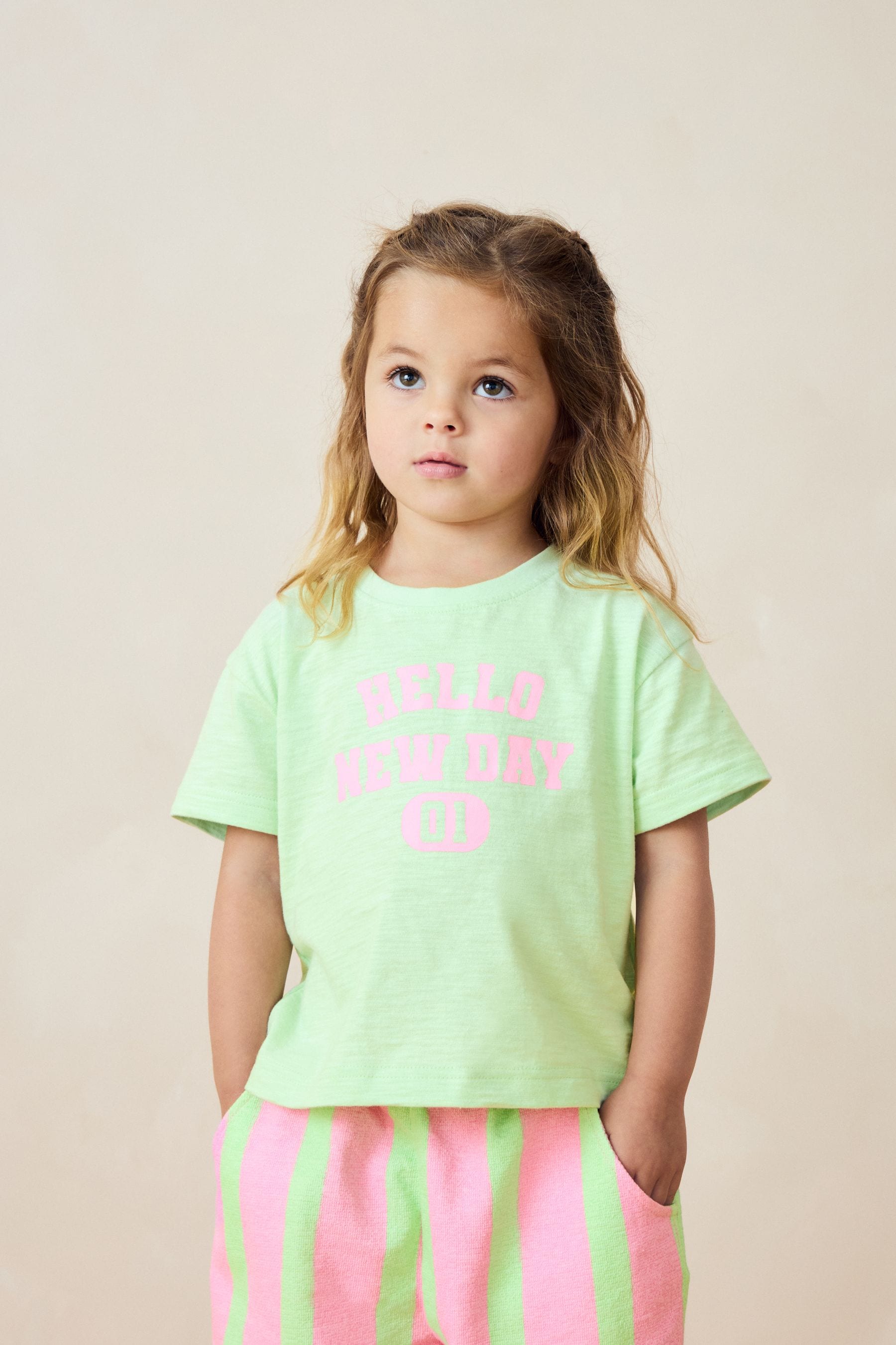 Pink/Green Slogan Short Sleeve T-Shirt And Wide Leg Trousers (3mths-7yrs)