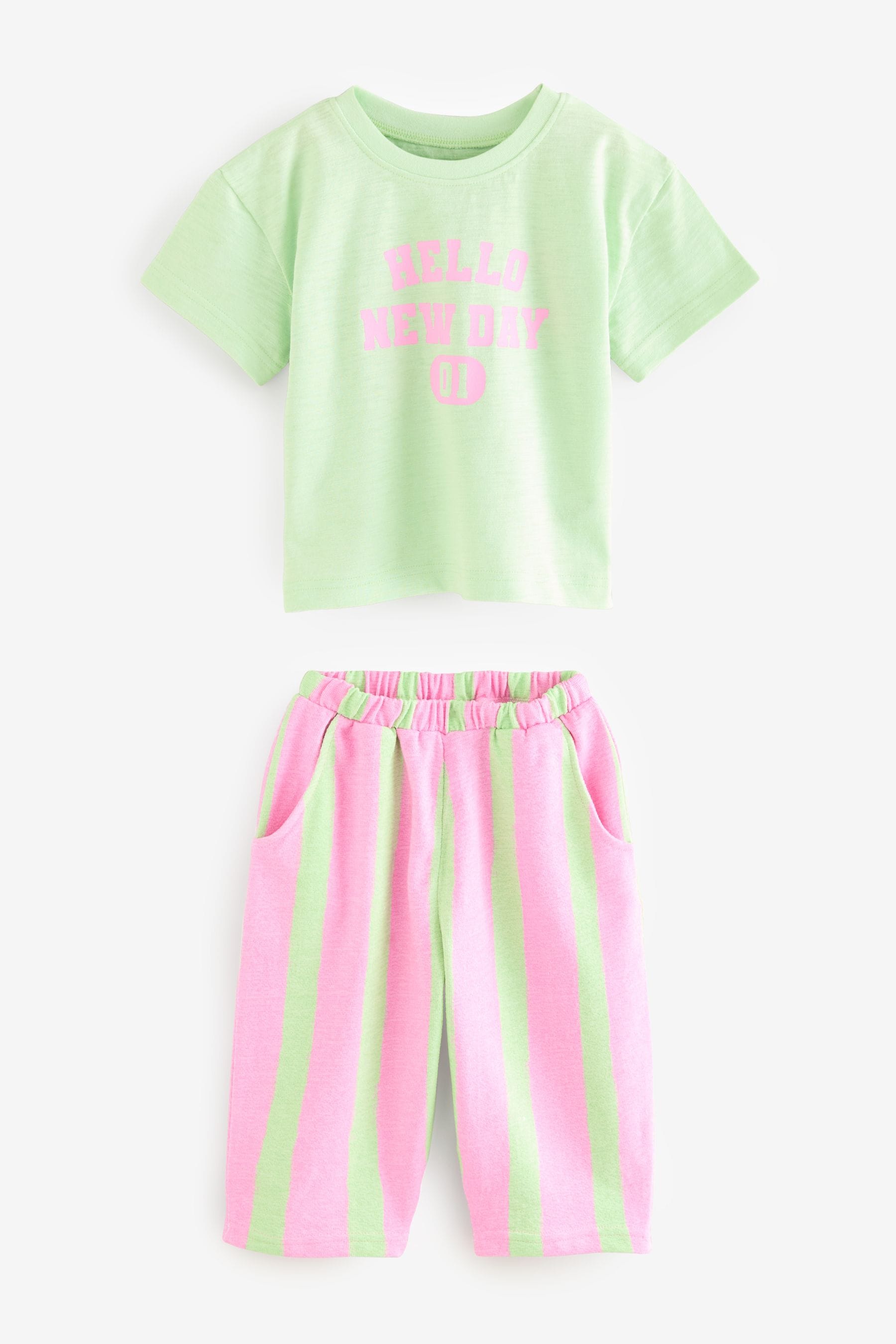 Pink/Green Slogan Short Sleeve T-Shirt And Wide Leg Trousers (3mths-7yrs)