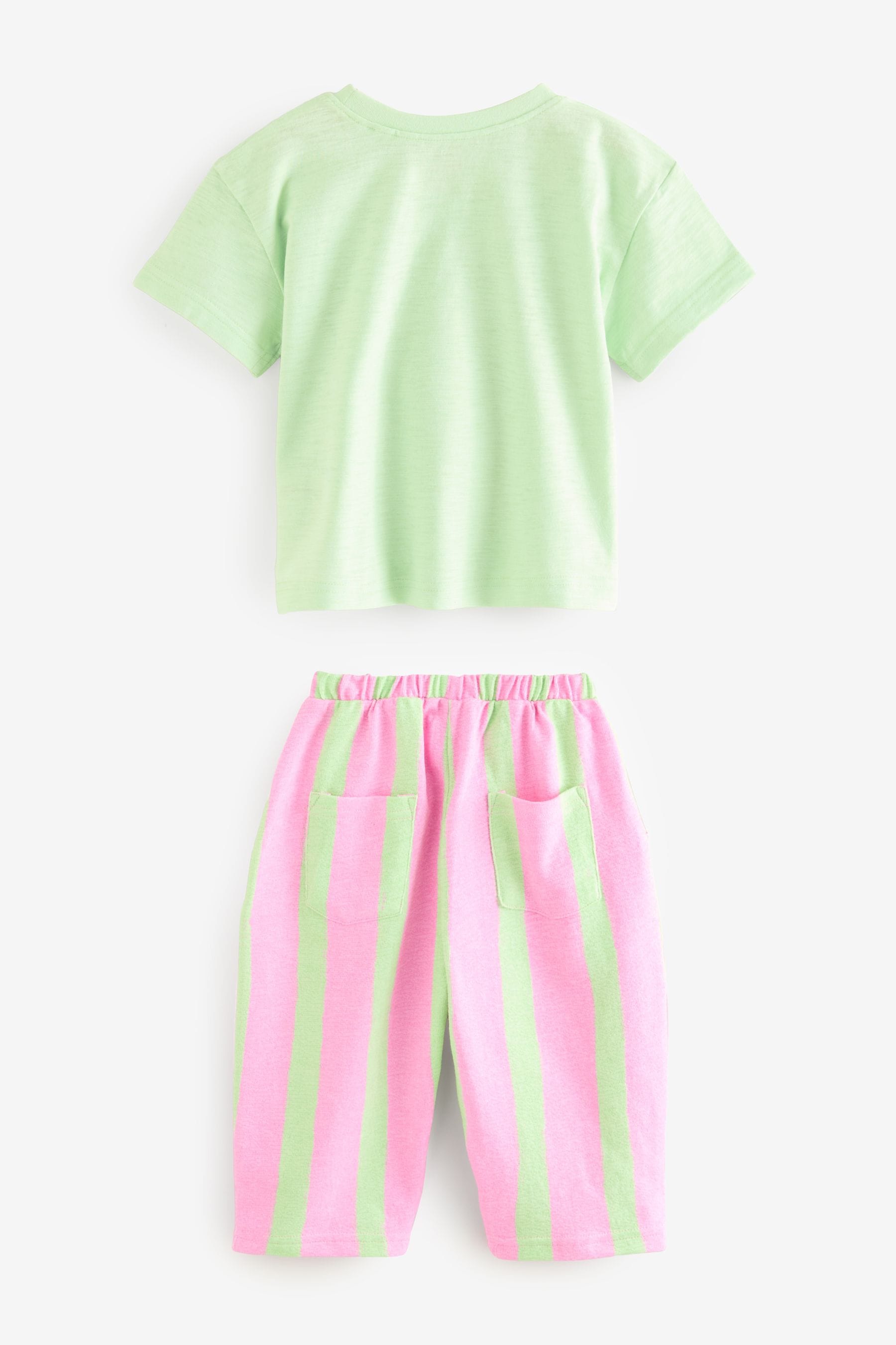 Pink/Green Slogan Short Sleeve T-Shirt And Wide Leg Trousers (3mths-7yrs)