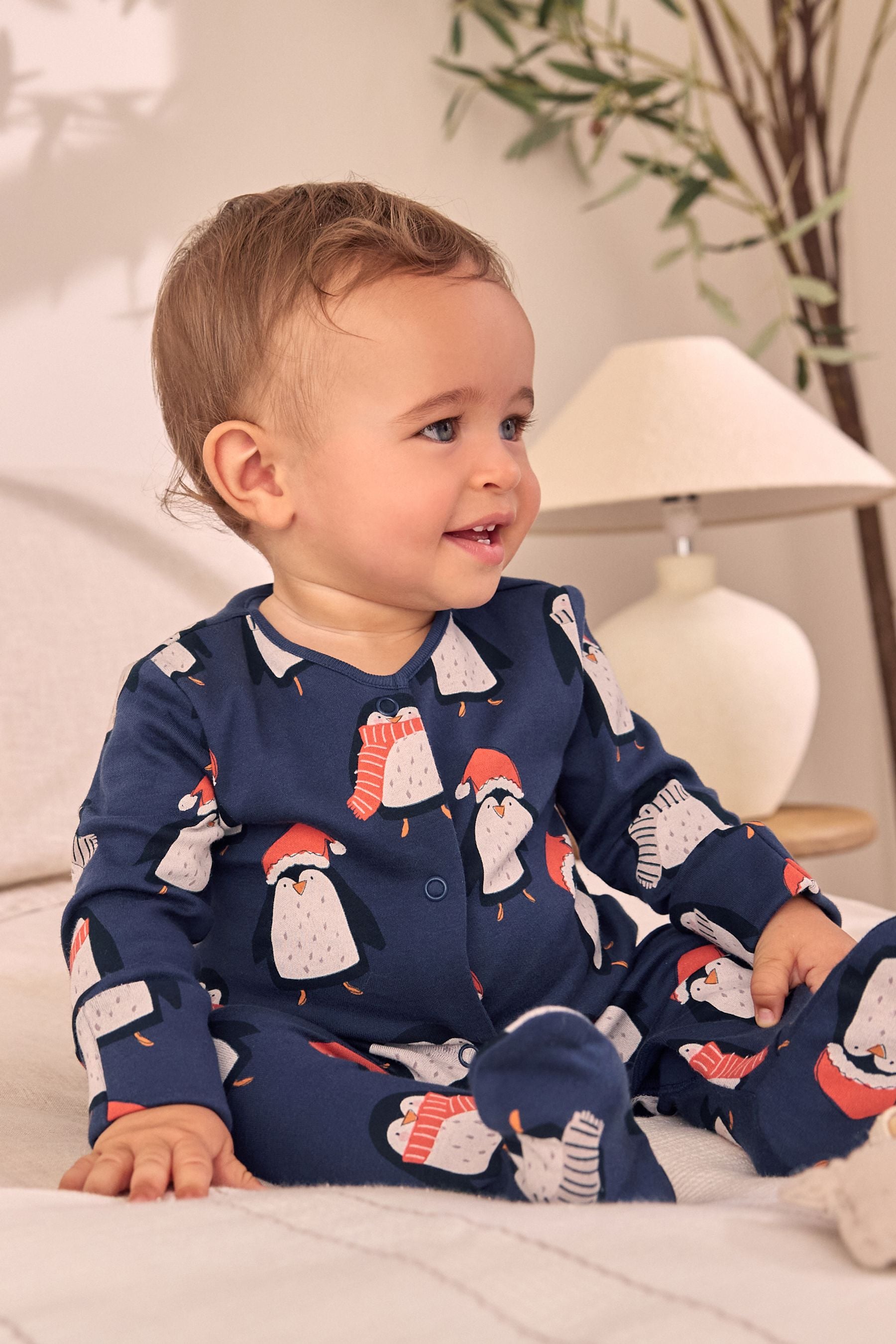 Navy Baby Matching Family Christmas Penguin Zip Sleepsuit (0mths-2yrs)