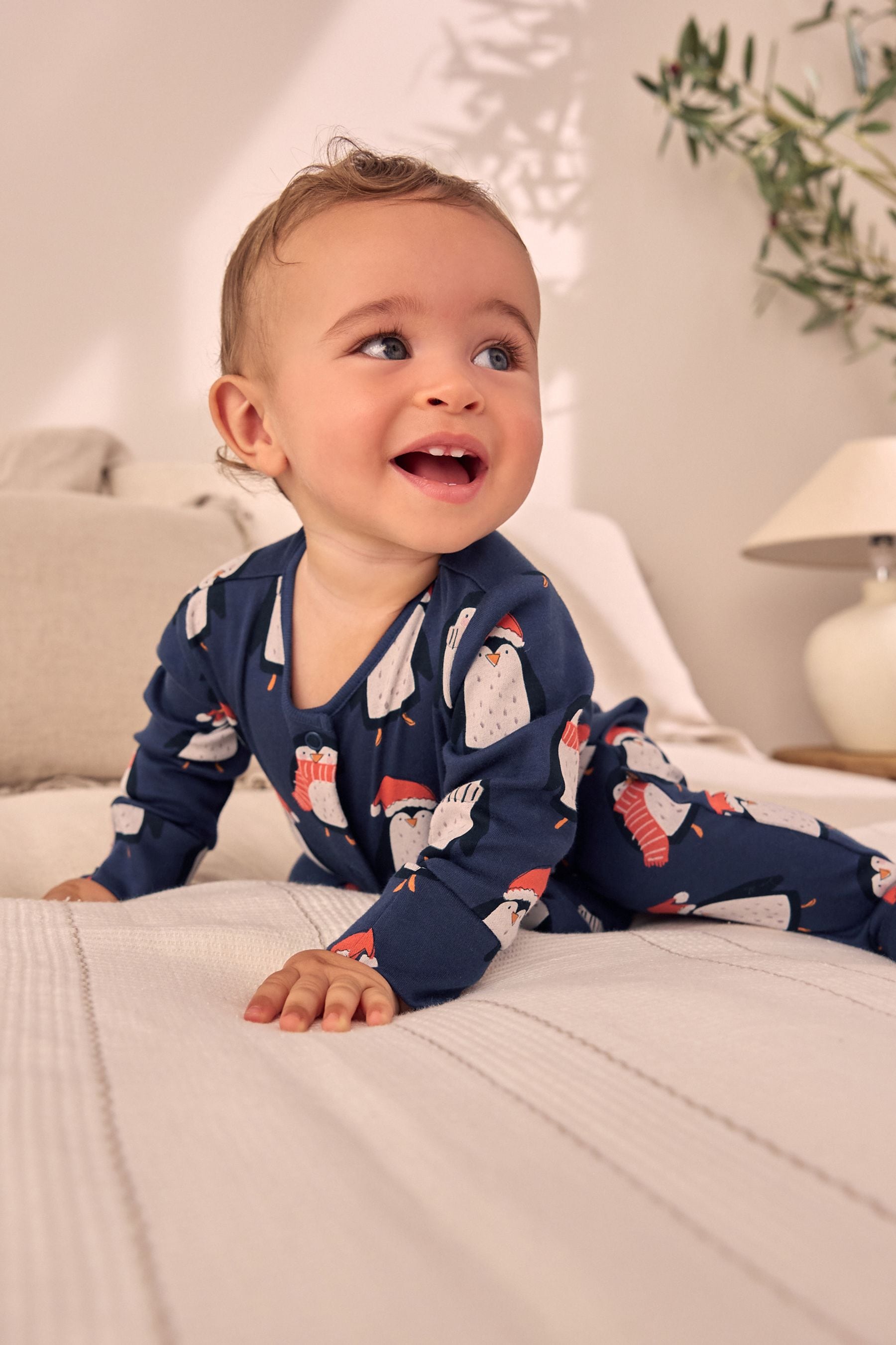 Navy Baby Matching Family Christmas Penguin Zip Sleepsuit (0mths-2yrs)