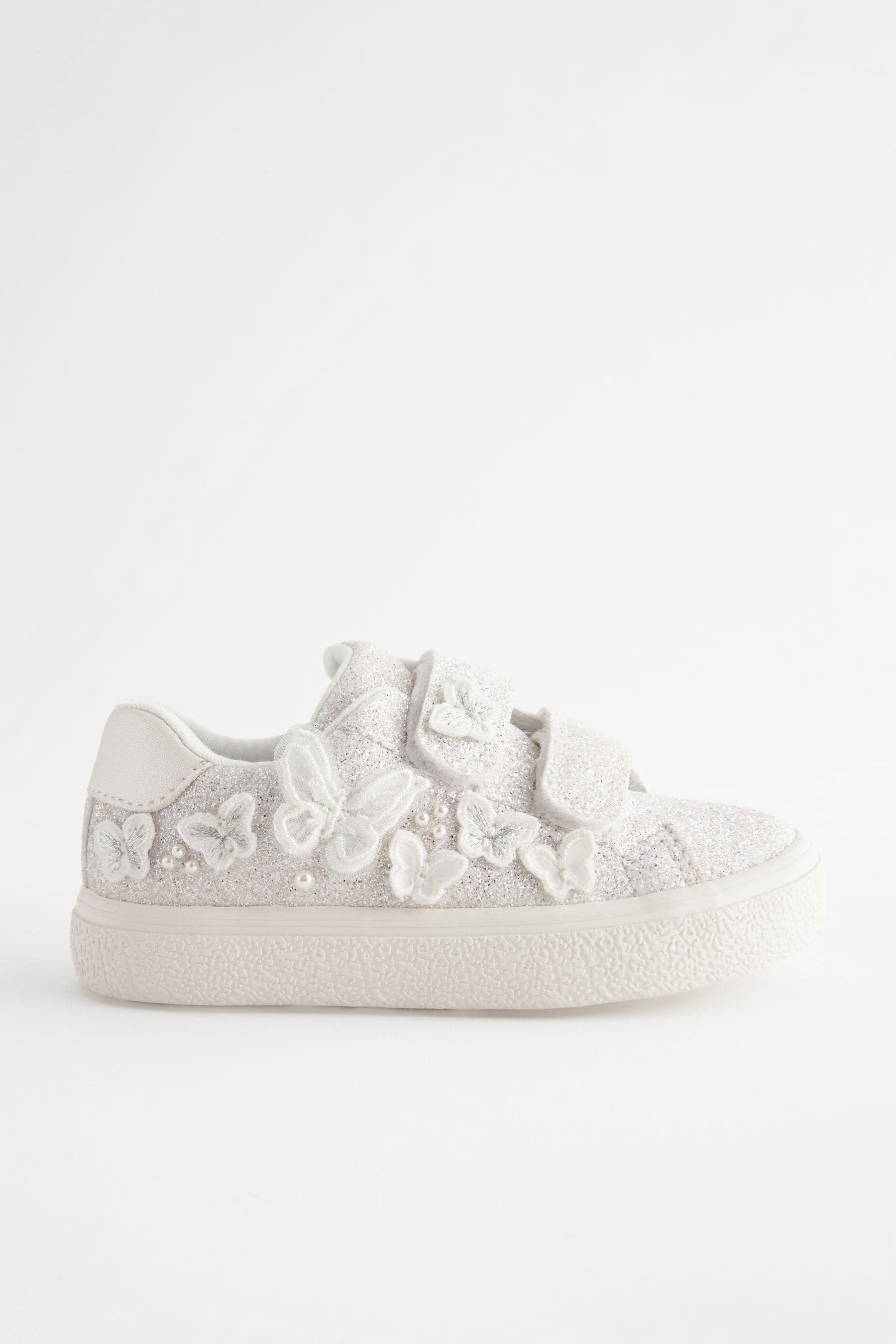 White Glitter Wide Fit (G) Butterfly Touch Fasten Strap Trainers