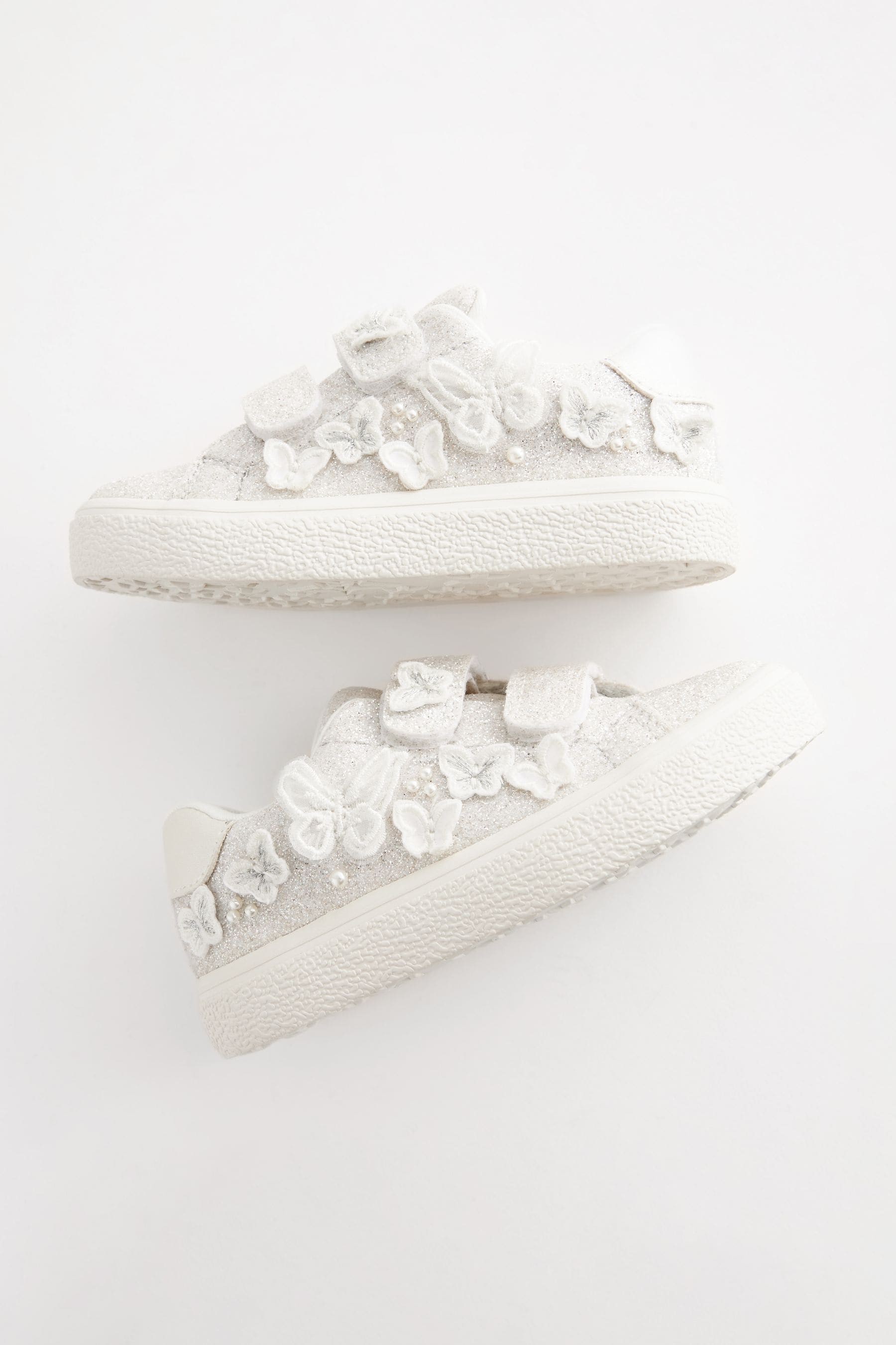 White Glitter Wide Fit (G) Butterfly Touch Fasten Strap Trainers