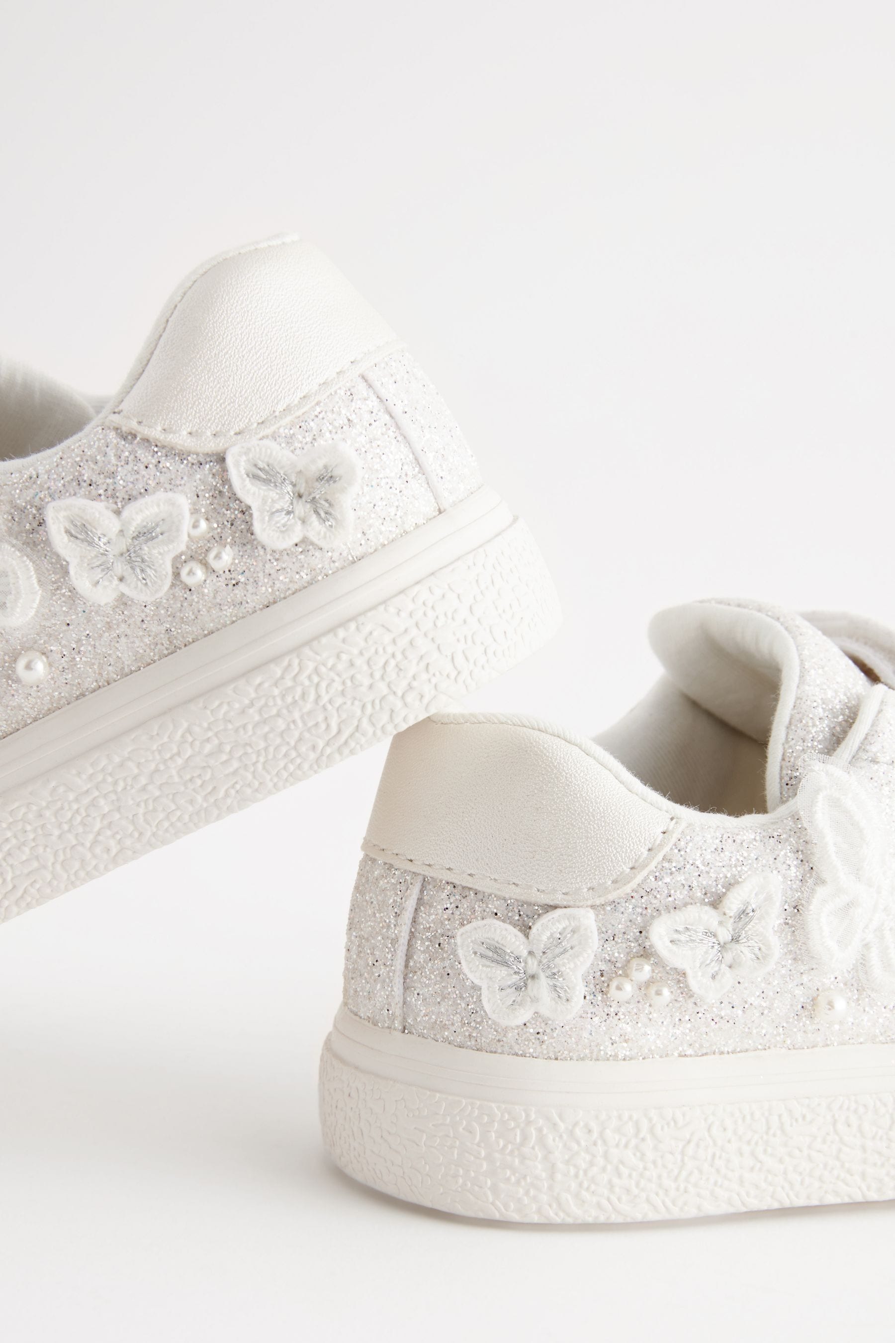 White Glitter Wide Fit (G) Butterfly Touch Fasten Strap Trainers