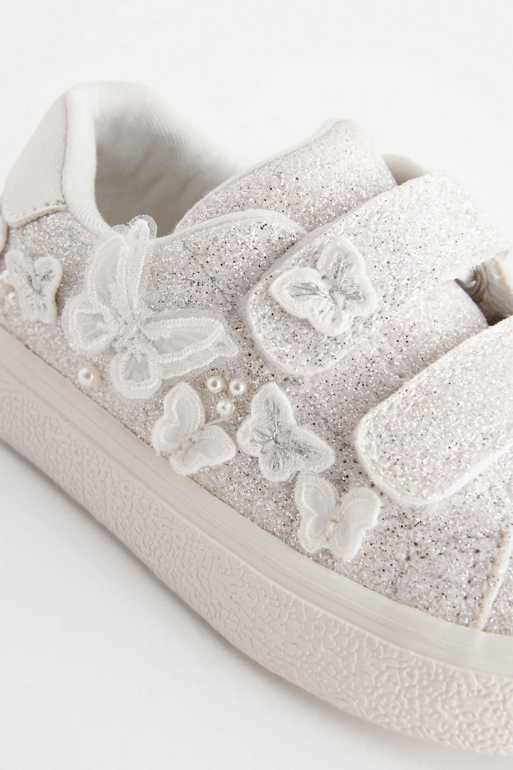 White Glitter Wide Fit (G) Butterfly Touch Fasten Strap Trainers