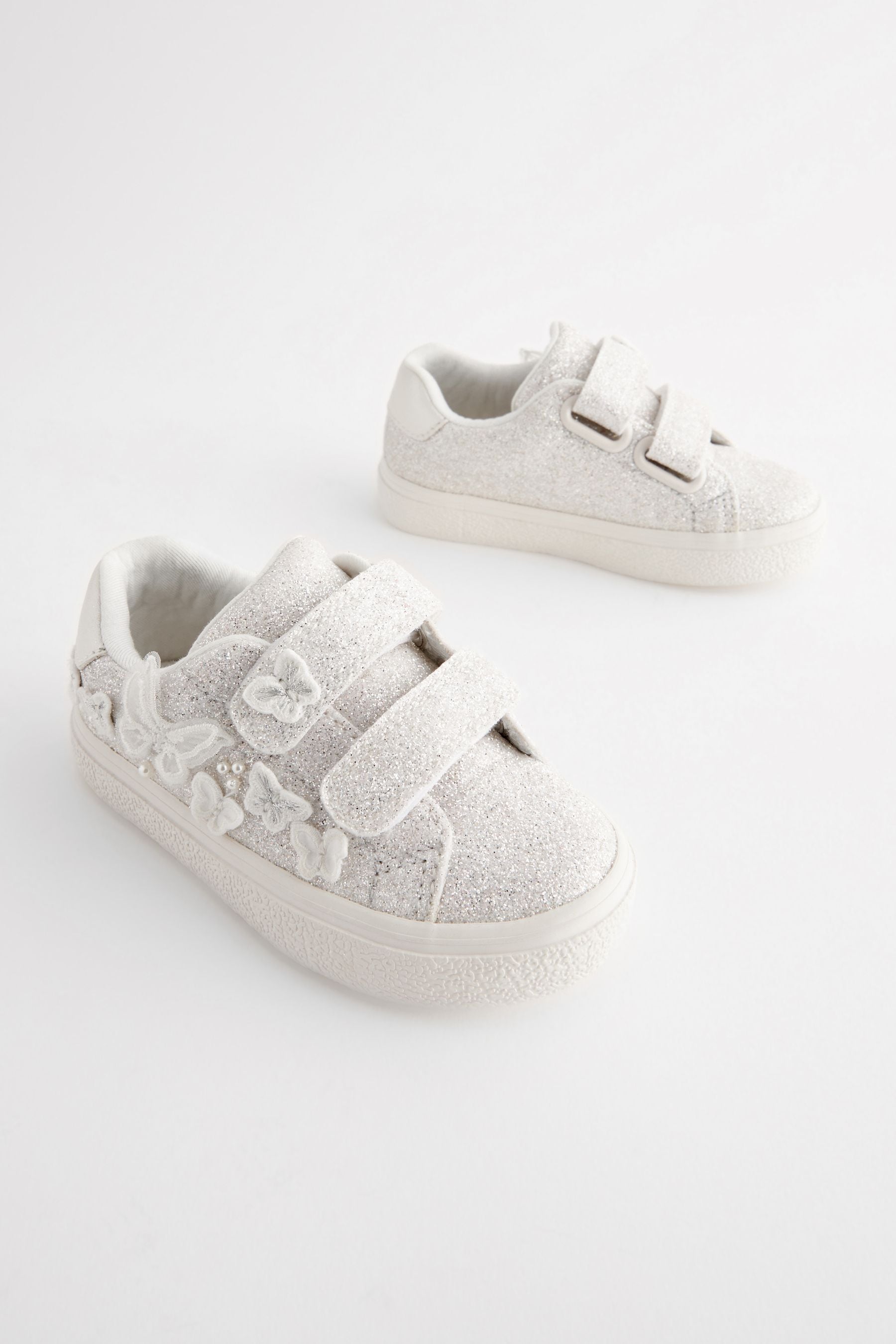 White Glitter Wide Fit (G) Butterfly Touch Fasten Strap Trainers