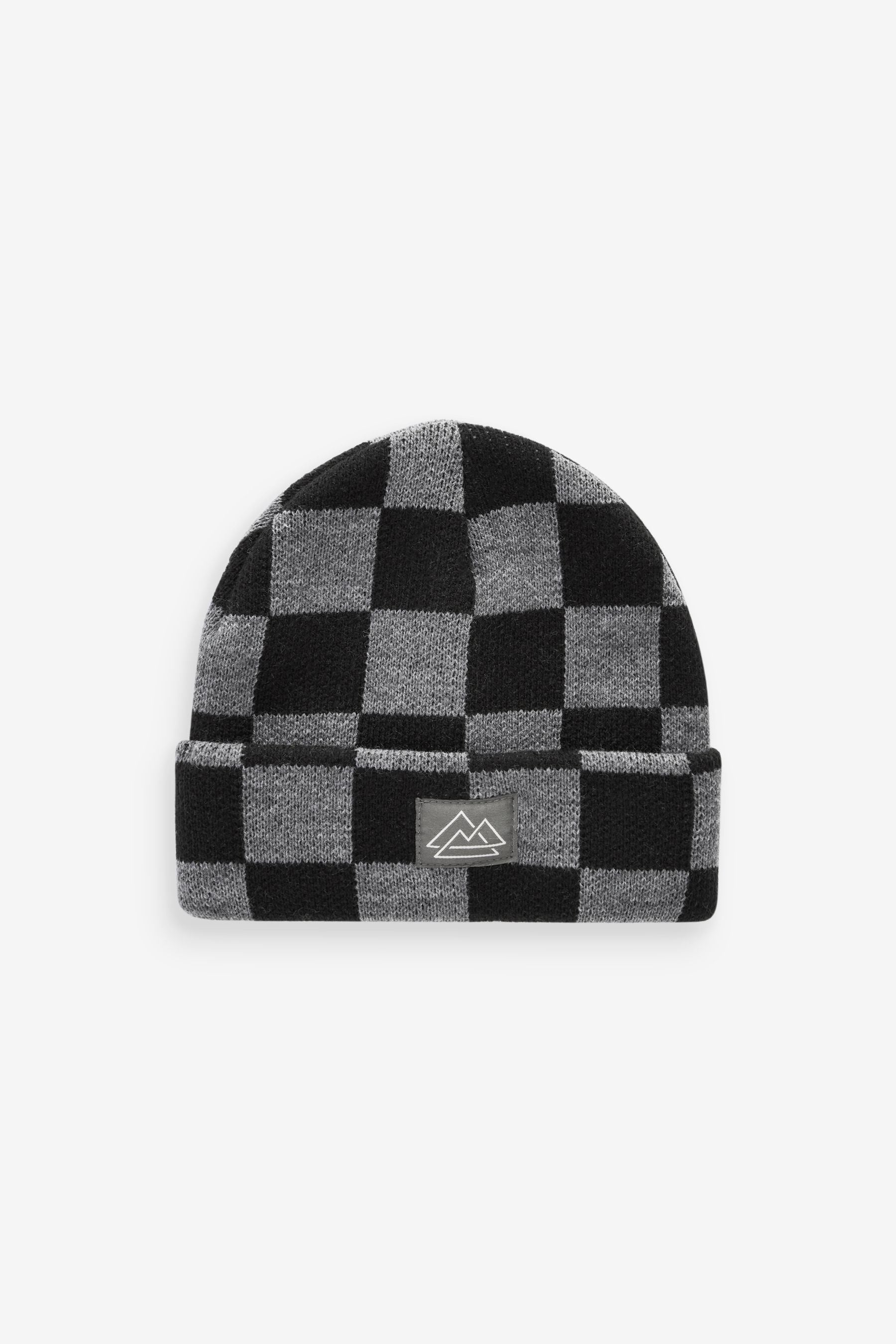 Black/Grey Check Knitted Beanie Hat (1-16yrs)