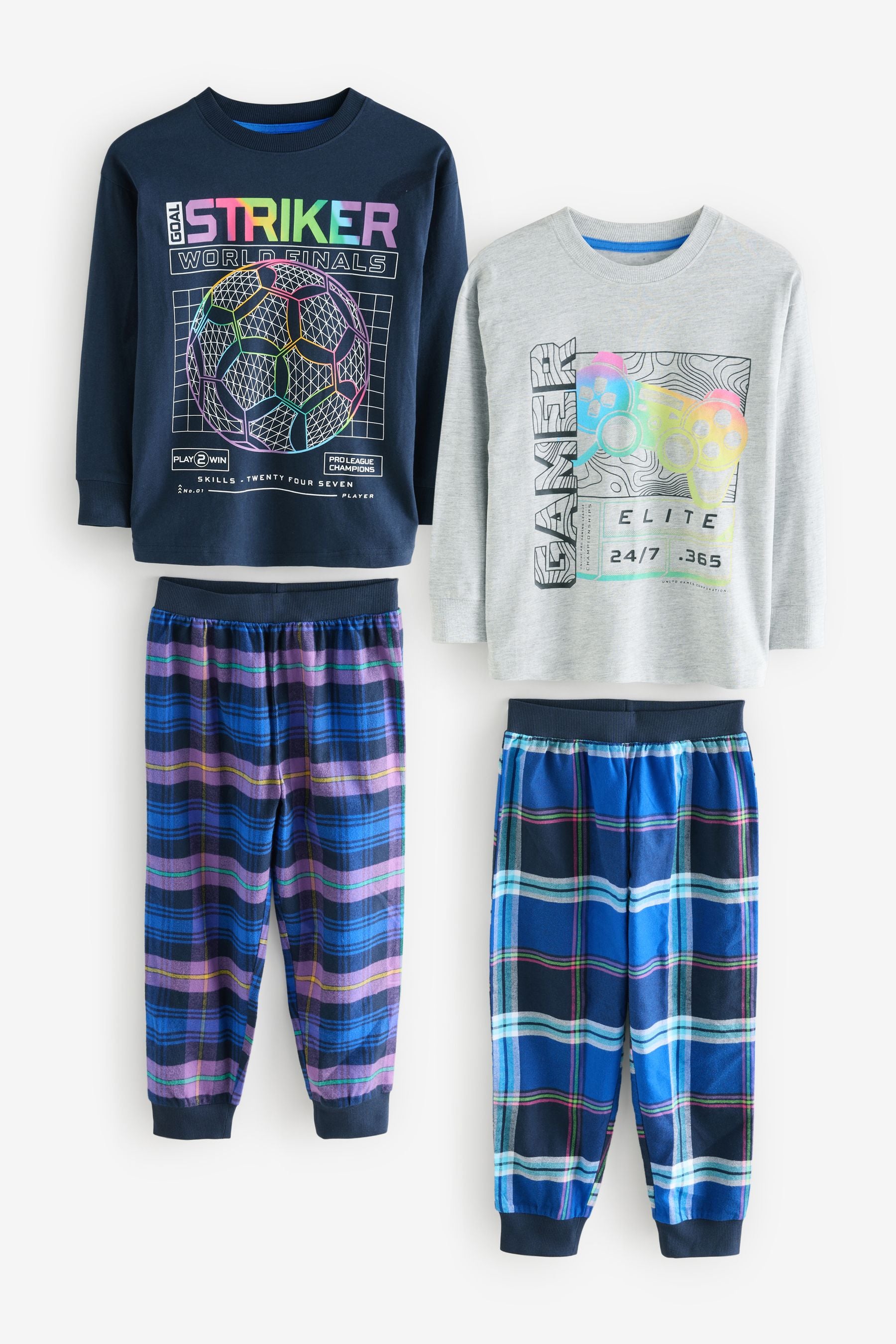 Multi Bright Gamer/Football Long Sleeve Woven Check 100% Cotton Pyjamas 2 Pack (3-16yrs)