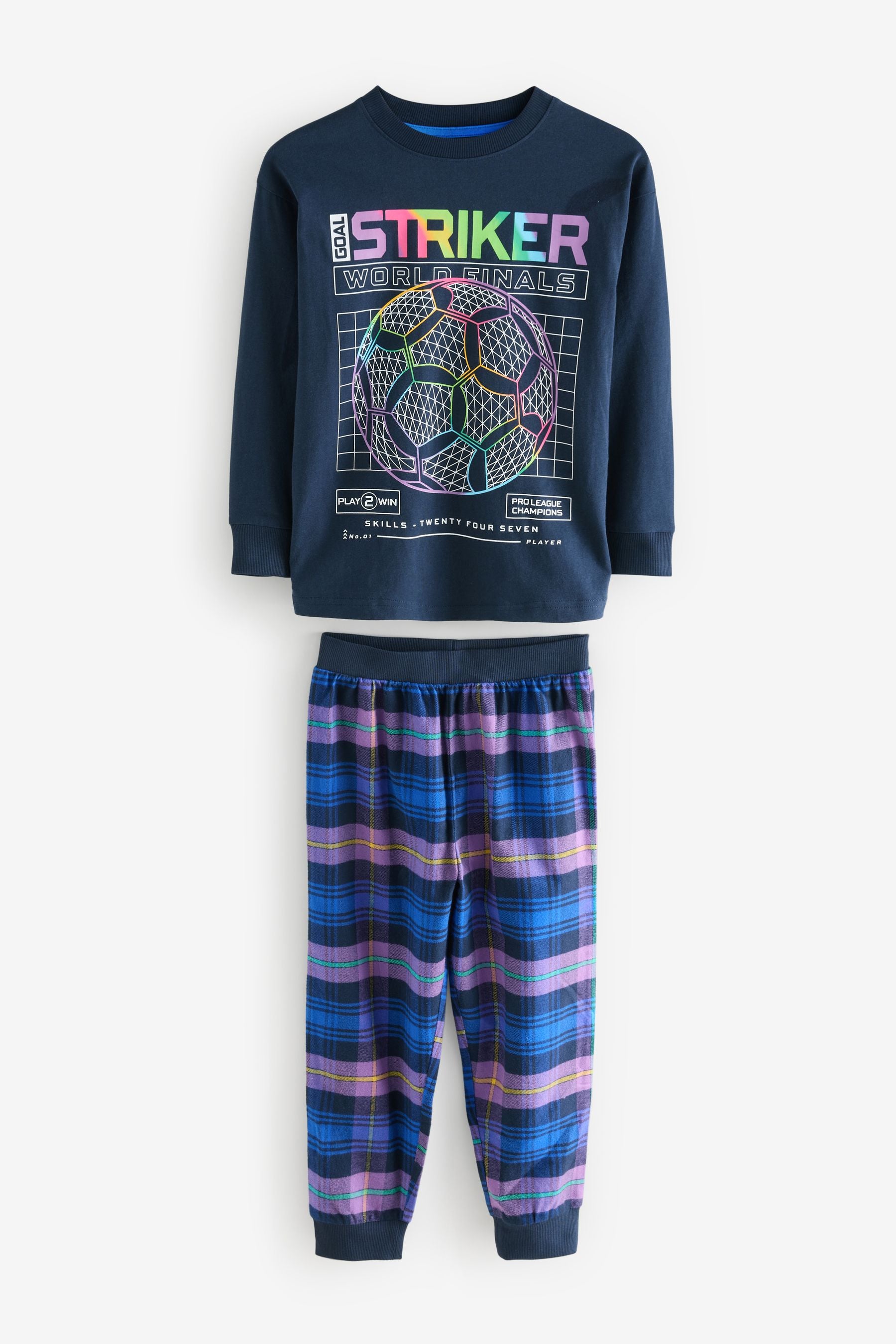 Multi Bright Gamer/Football Long Sleeve Woven Check 100% Cotton Pyjamas 2 Pack (3-16yrs)