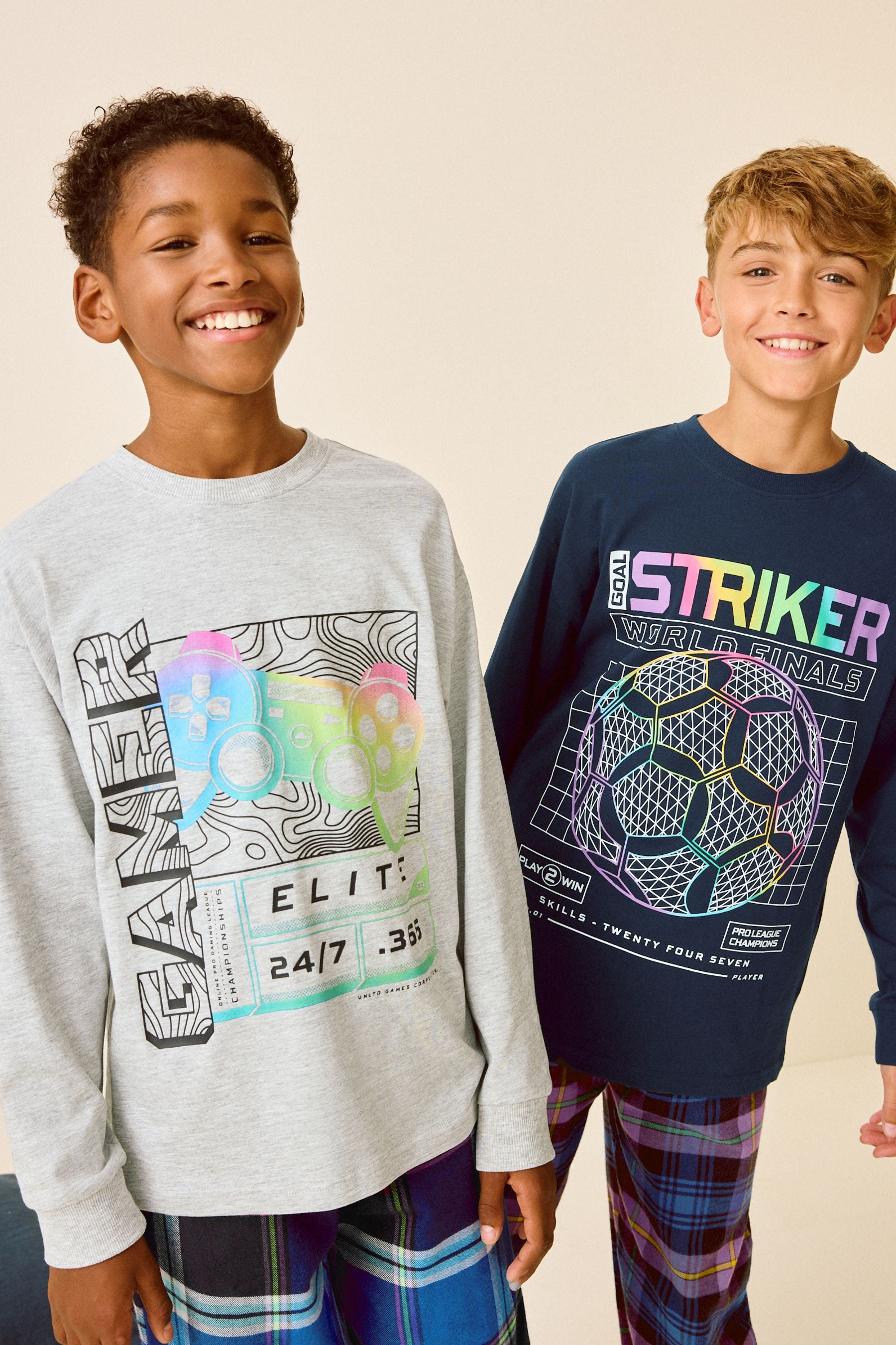 Multi Bright Gamer/Football 2 Pack Long Sleeve Woven Check 100% Cotton Pyjamas (3-16yrs)