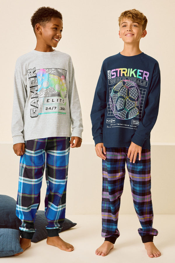 Multi Bright Gamer/Football 2 Pack Long Sleeve Woven Check 100% Cotton Pyjamas (3-16yrs)