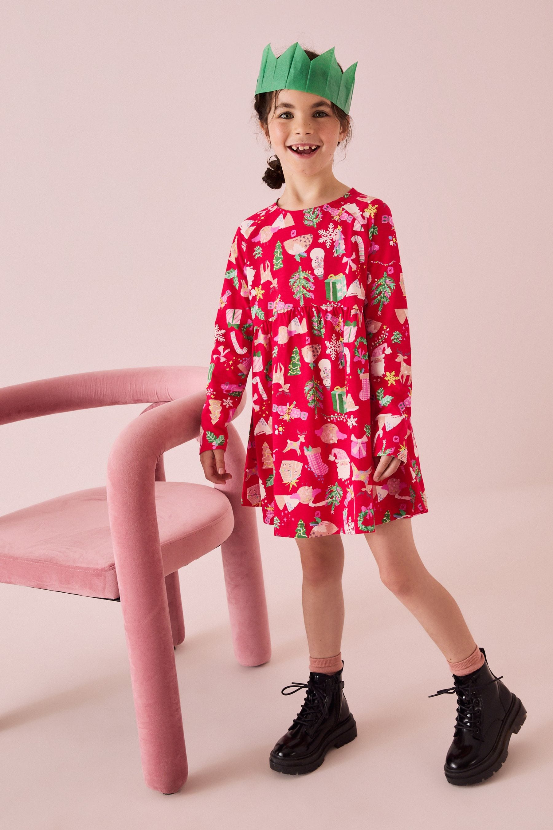 Red Christmas Print Long Sleeve 100% Cotton Jersey Dress (3-16yrs)