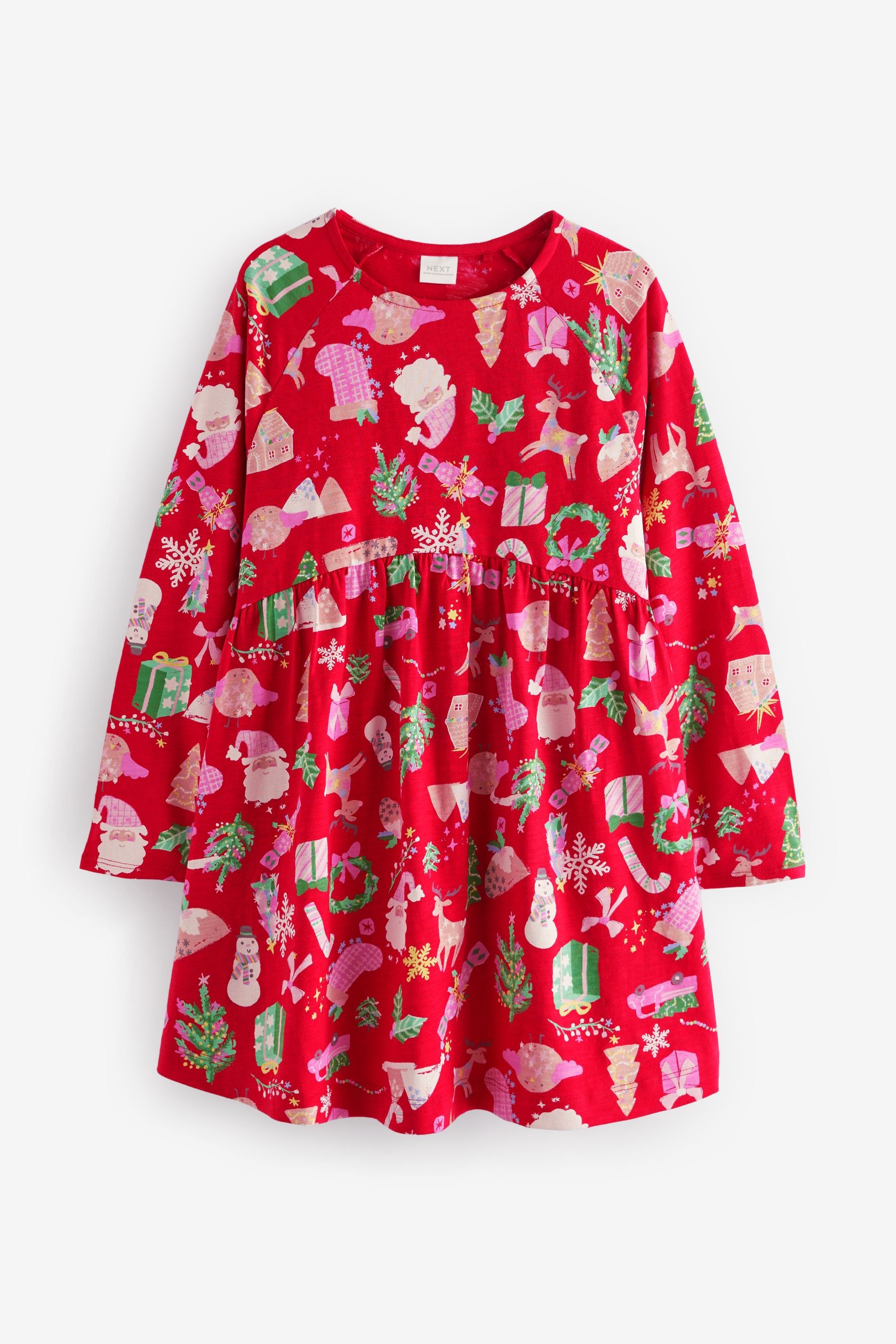 Red Christmas Print Long Sleeve 100% Cotton Jersey Dress (3-16yrs)