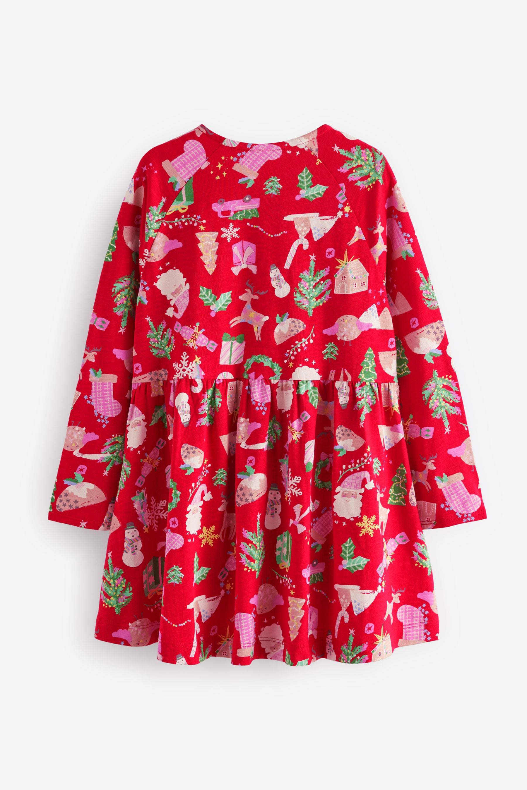 Red Christmas Print Long Sleeve 100% Cotton Jersey Dress (3-16yrs)