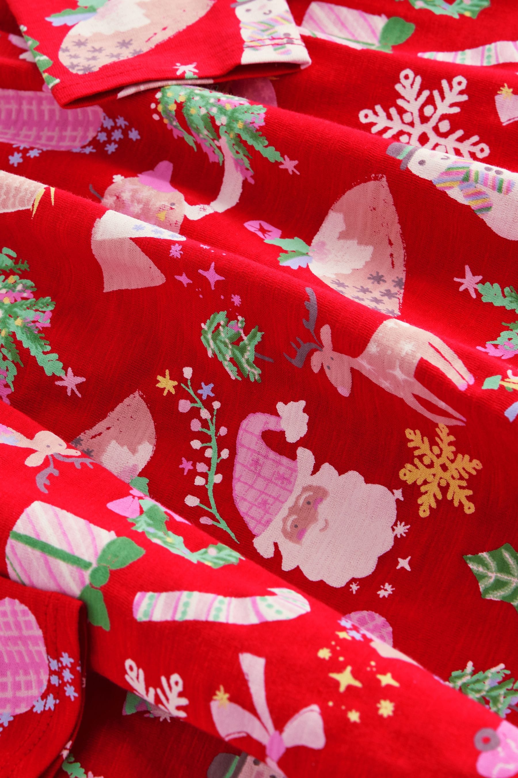 Red Christmas Print Long Sleeve 100% Cotton Jersey Dress (3-16yrs)