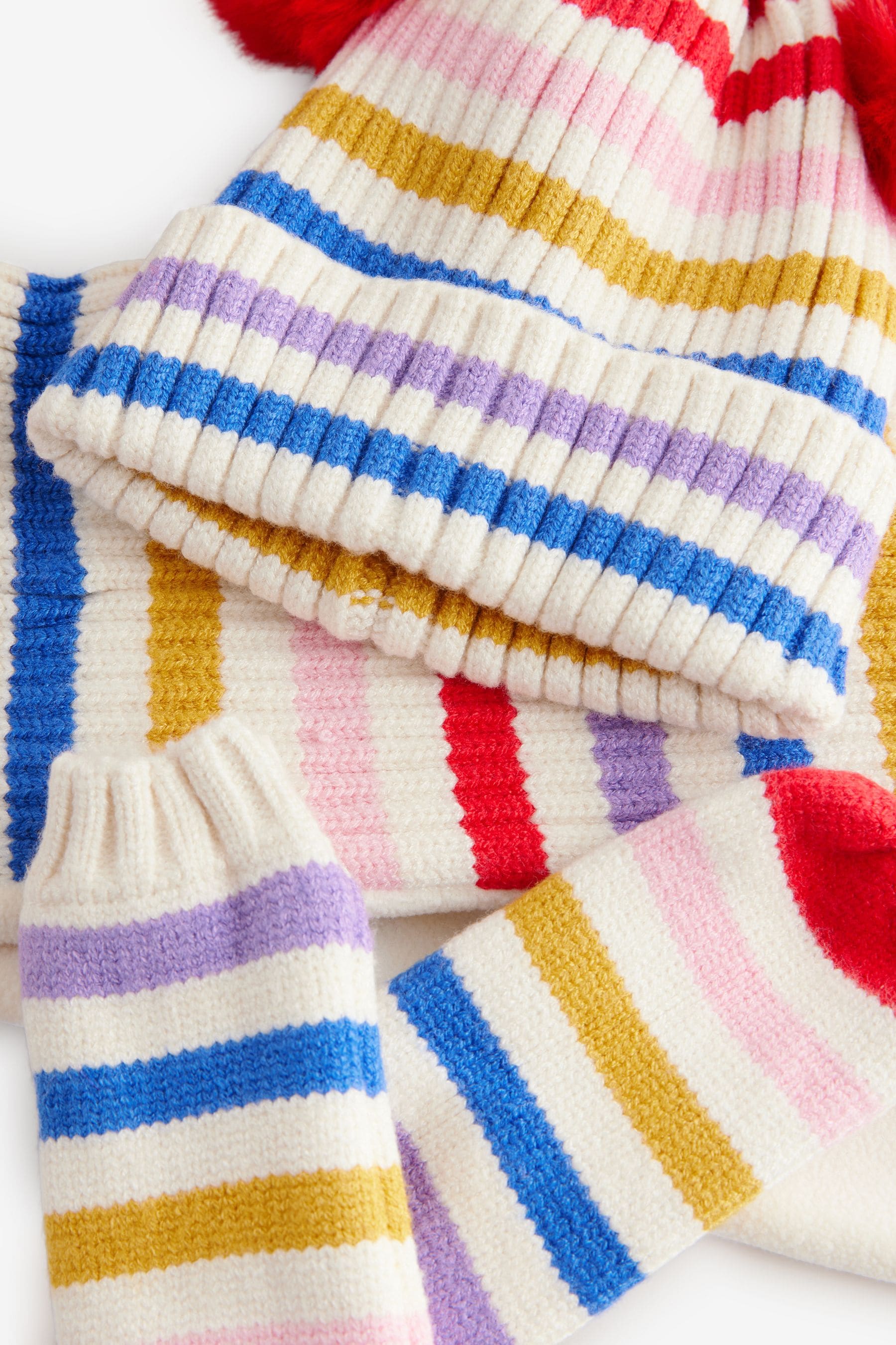 Multi Bright Stripe Pom Pom Hat Mittens And Scarf Set (3mths-6yrs)