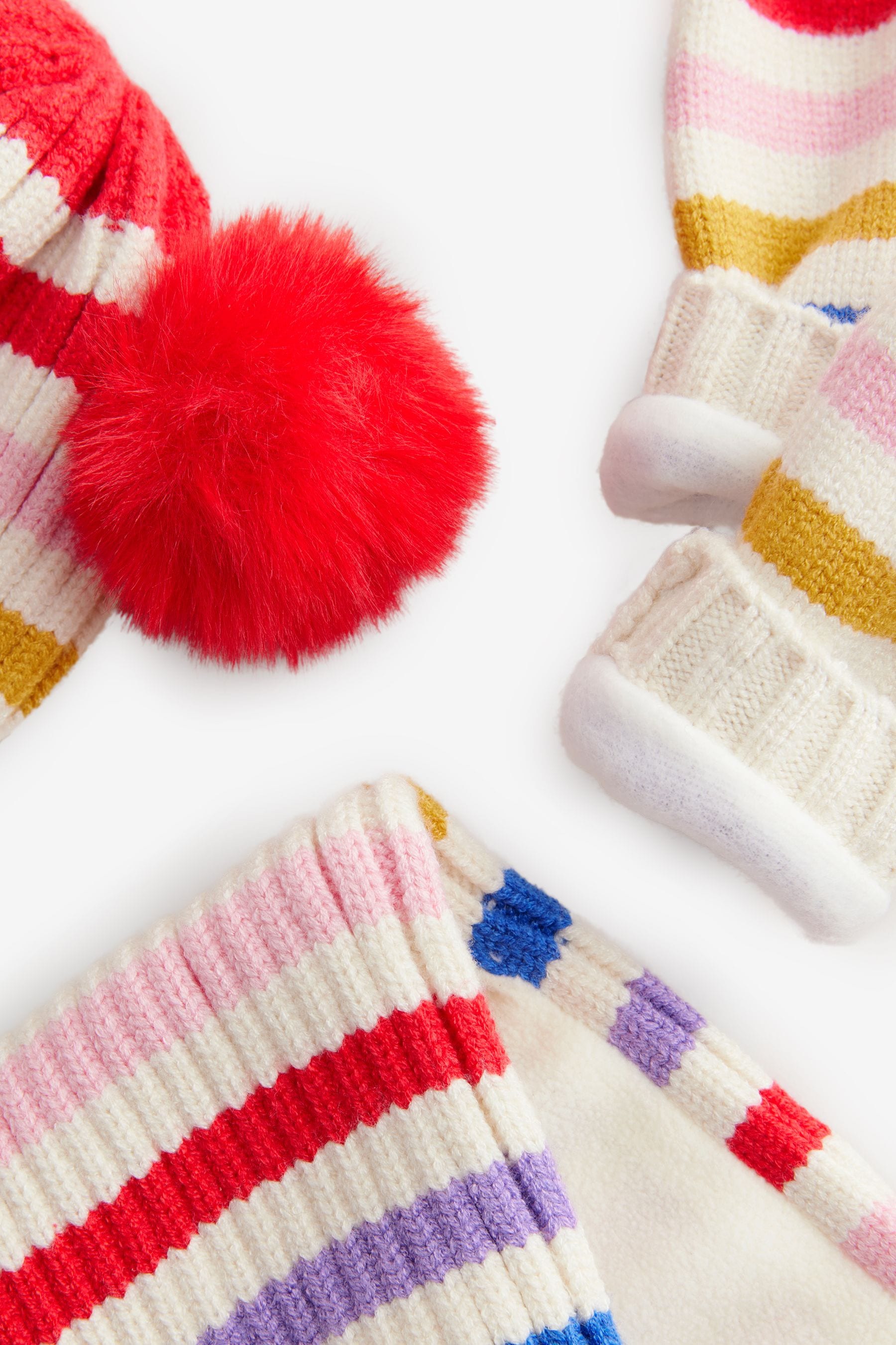 Multi Bright Stripe Pom Pom Hat Mittens And Scarf Set (3mths-6yrs)