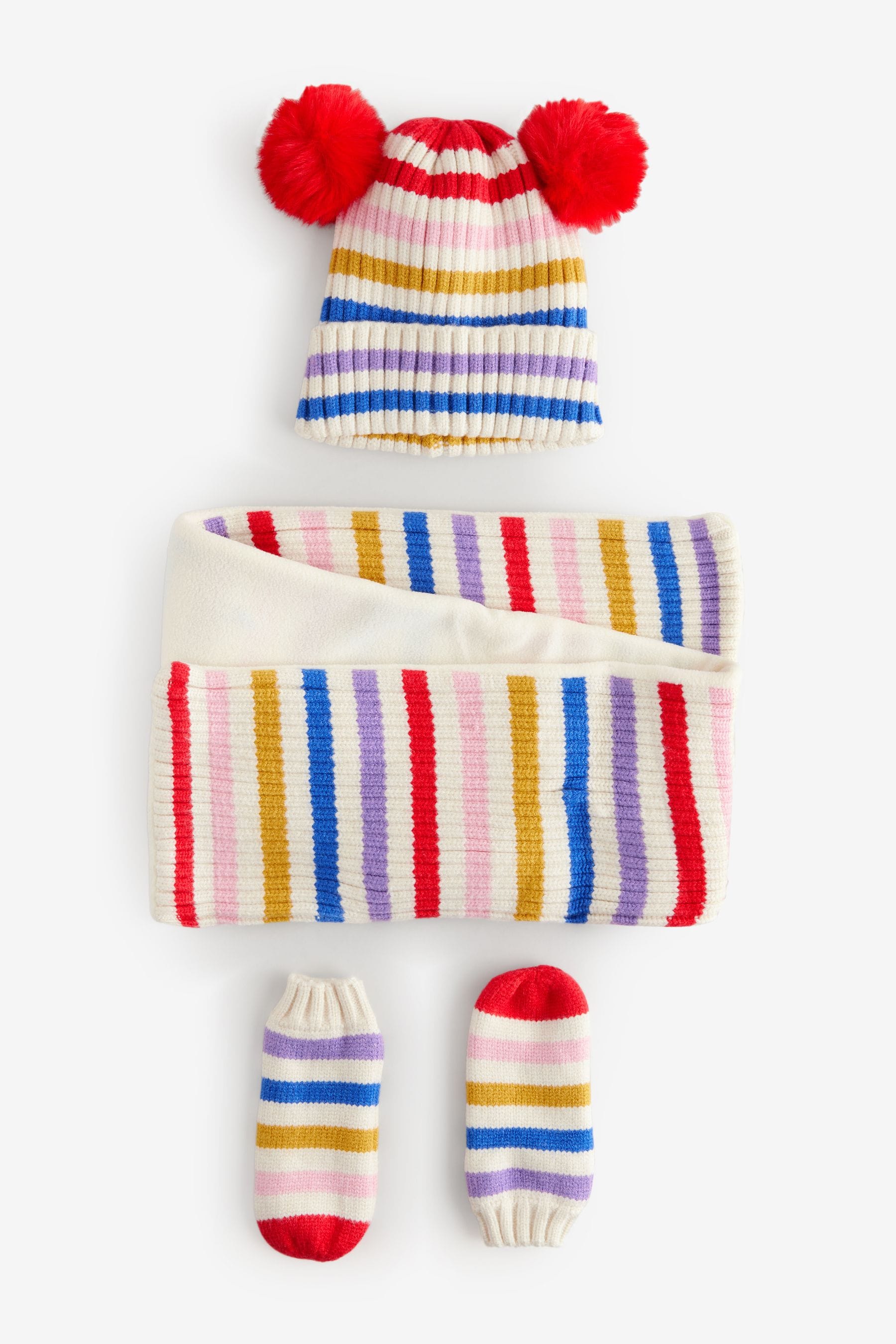 Multi Bright Stripe Pom Pom Hat Mittens And Scarf Set (3mths-6yrs)