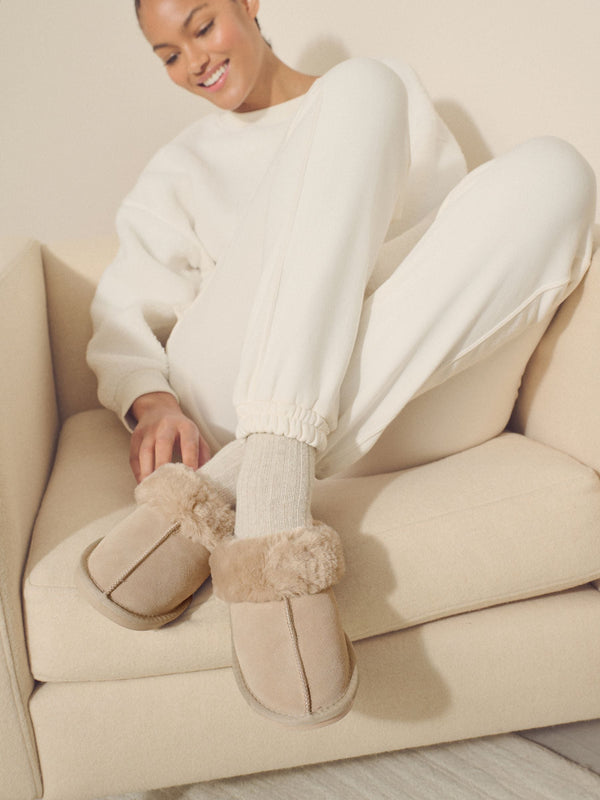 Sand Suede Faux Fur Lined Mule Slippers