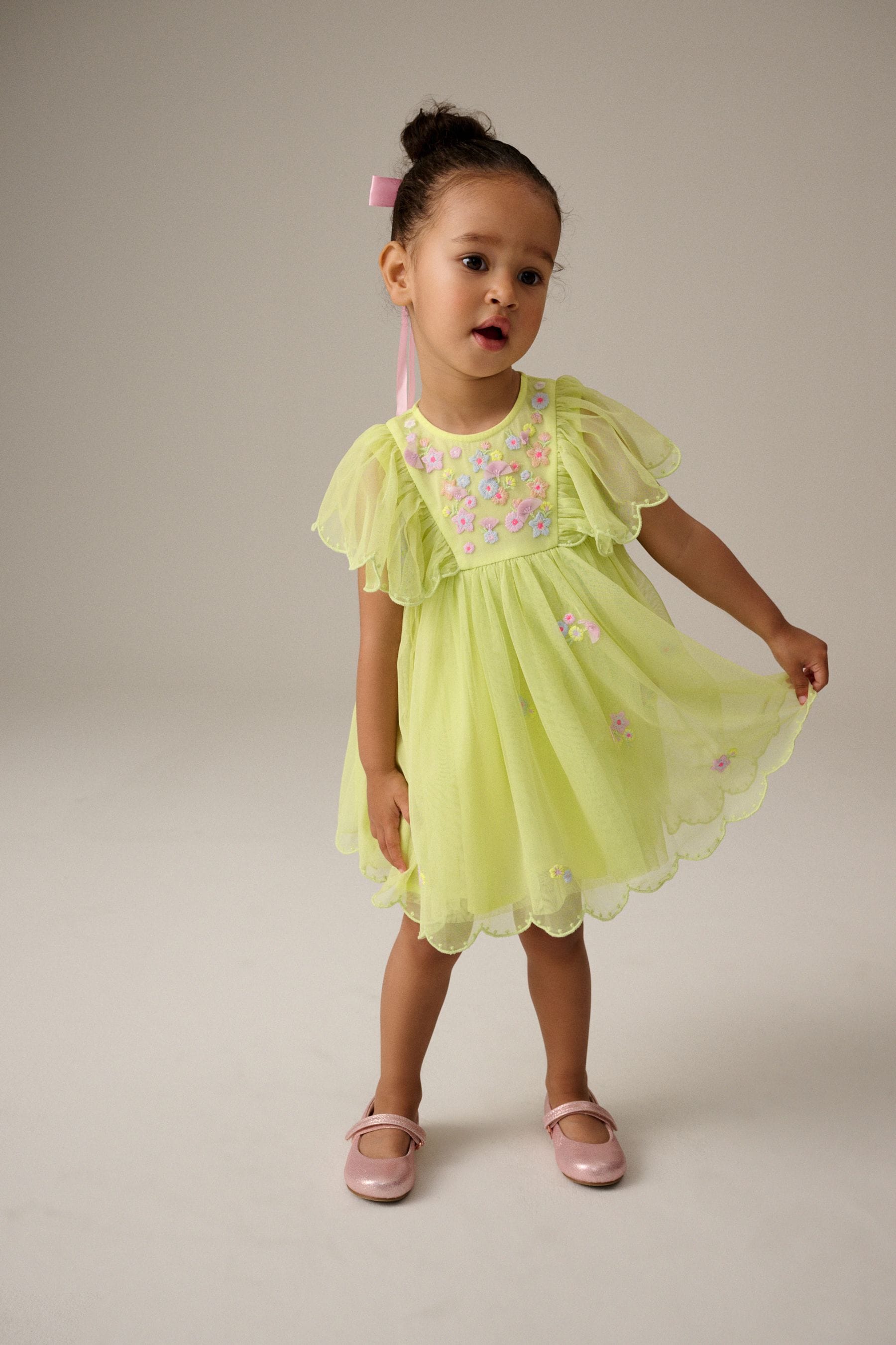 Green Embroidered Mesh Party Dress (3mths-7yrs)