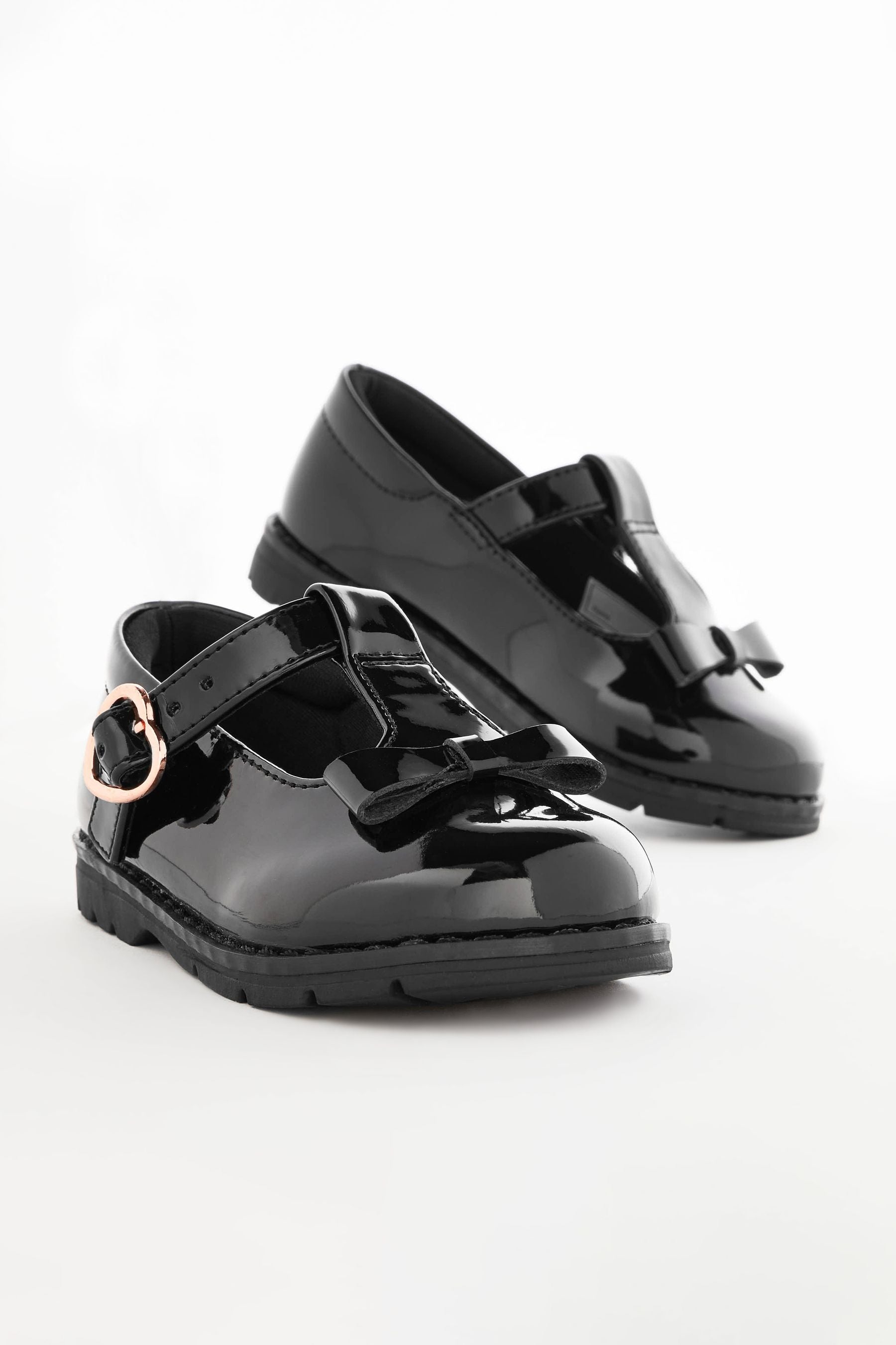 Black Patent Standard Fit (F) School Junior Bow T-Bar Shoes