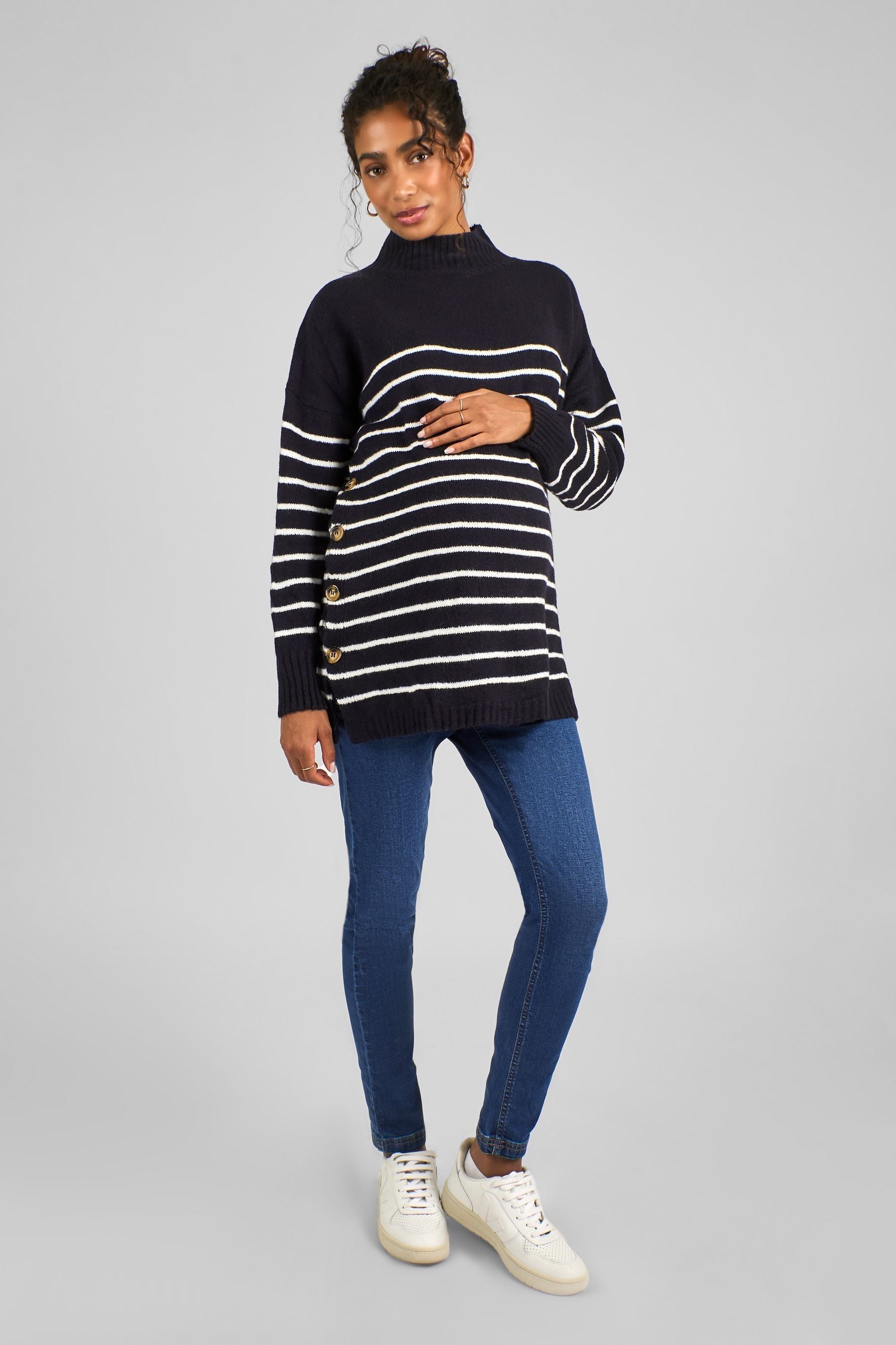 Navy Blue & Ecru Cream Stripe JoJo Maman Bébé Turtle Neck Maternity & Nursing Jumper