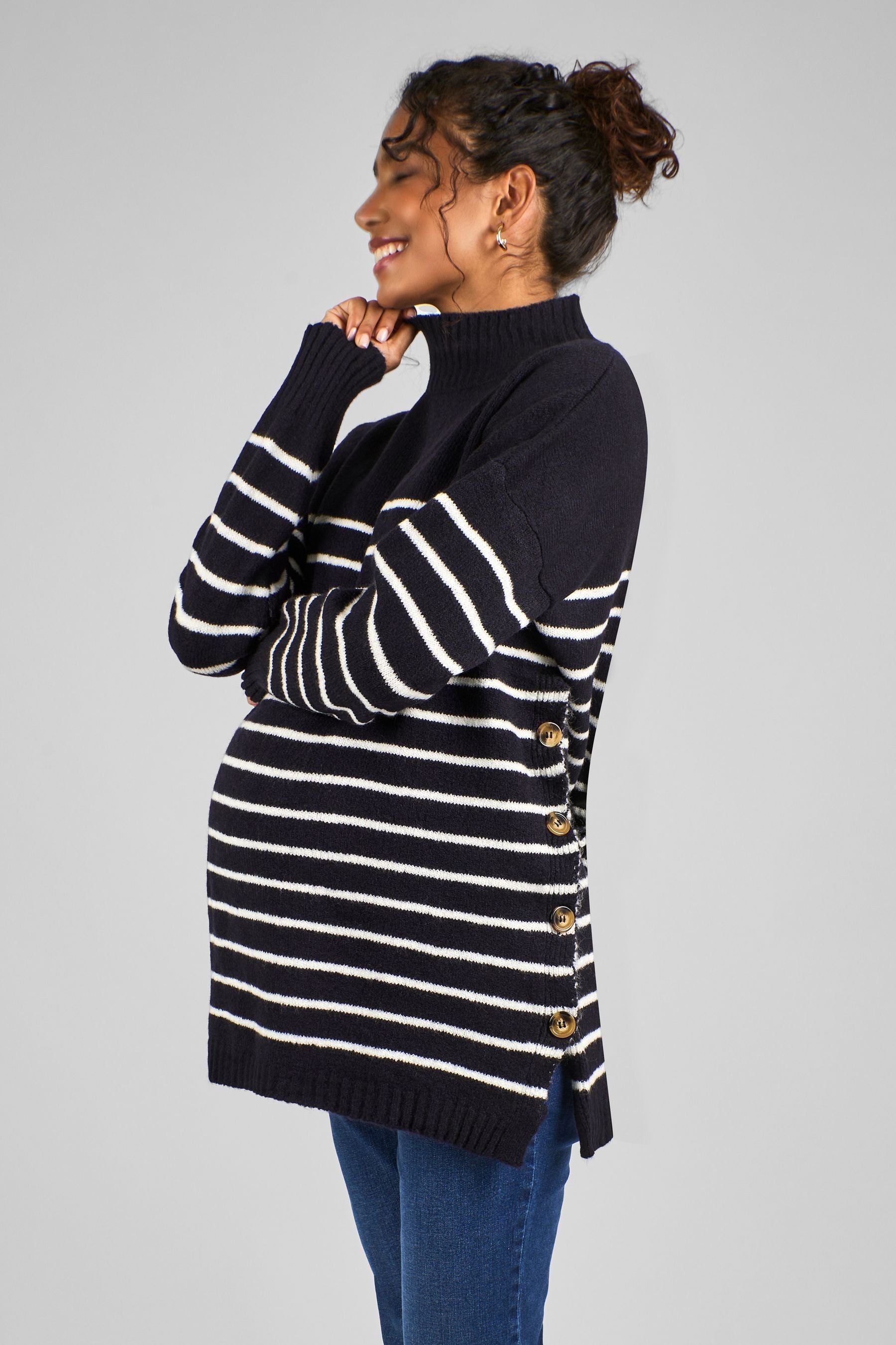 Navy Blue & Ecru Cream Stripe JoJo Maman Bébé Turtle Neck Maternity & Nursing Jumper