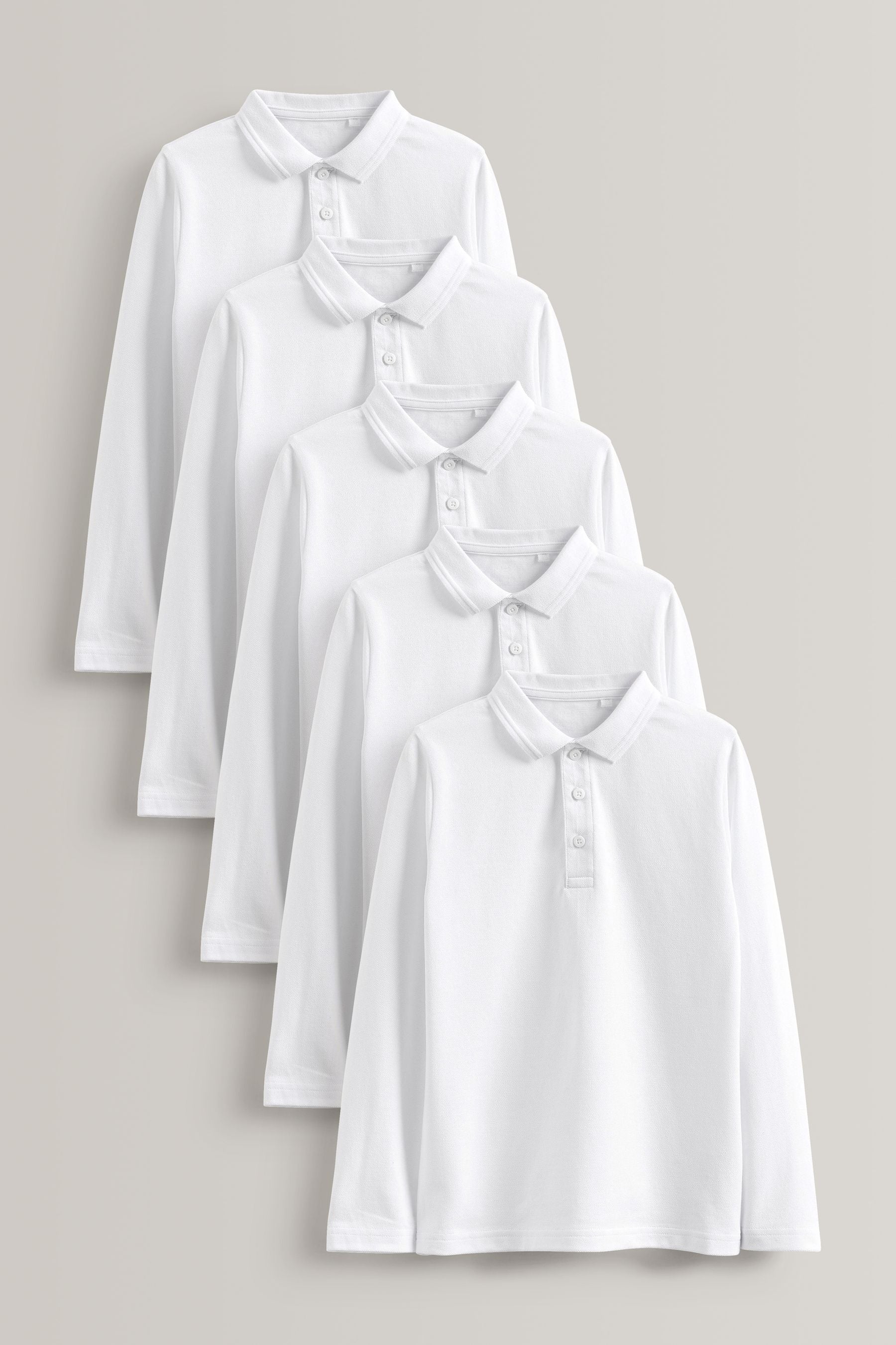 White 5 Pack 100% Cotton Long Sleeve School Polo Shirts (3-16yrs)