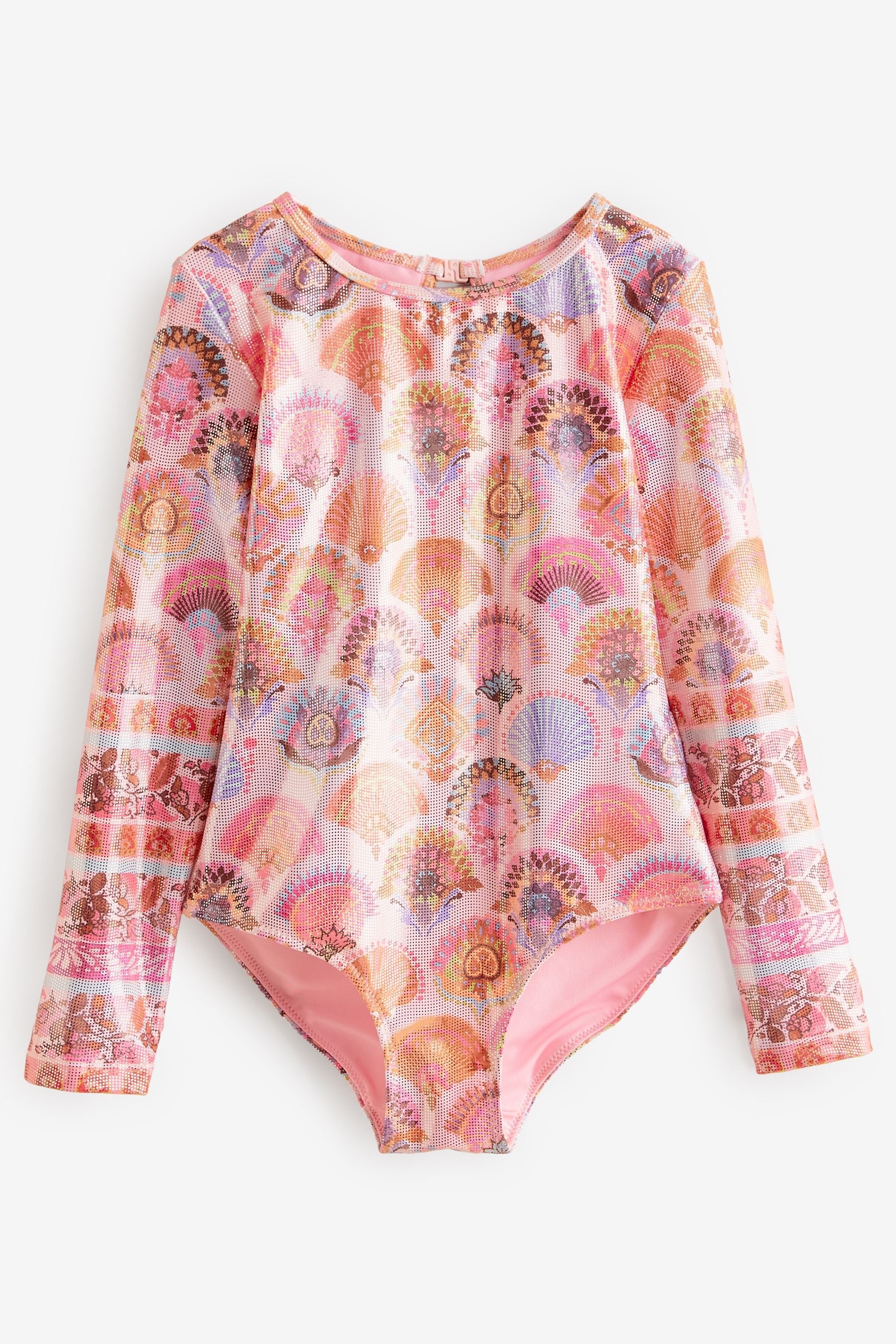 Coral Pink Foil Print Long Sleeve Swimsuit (3-16yrs)