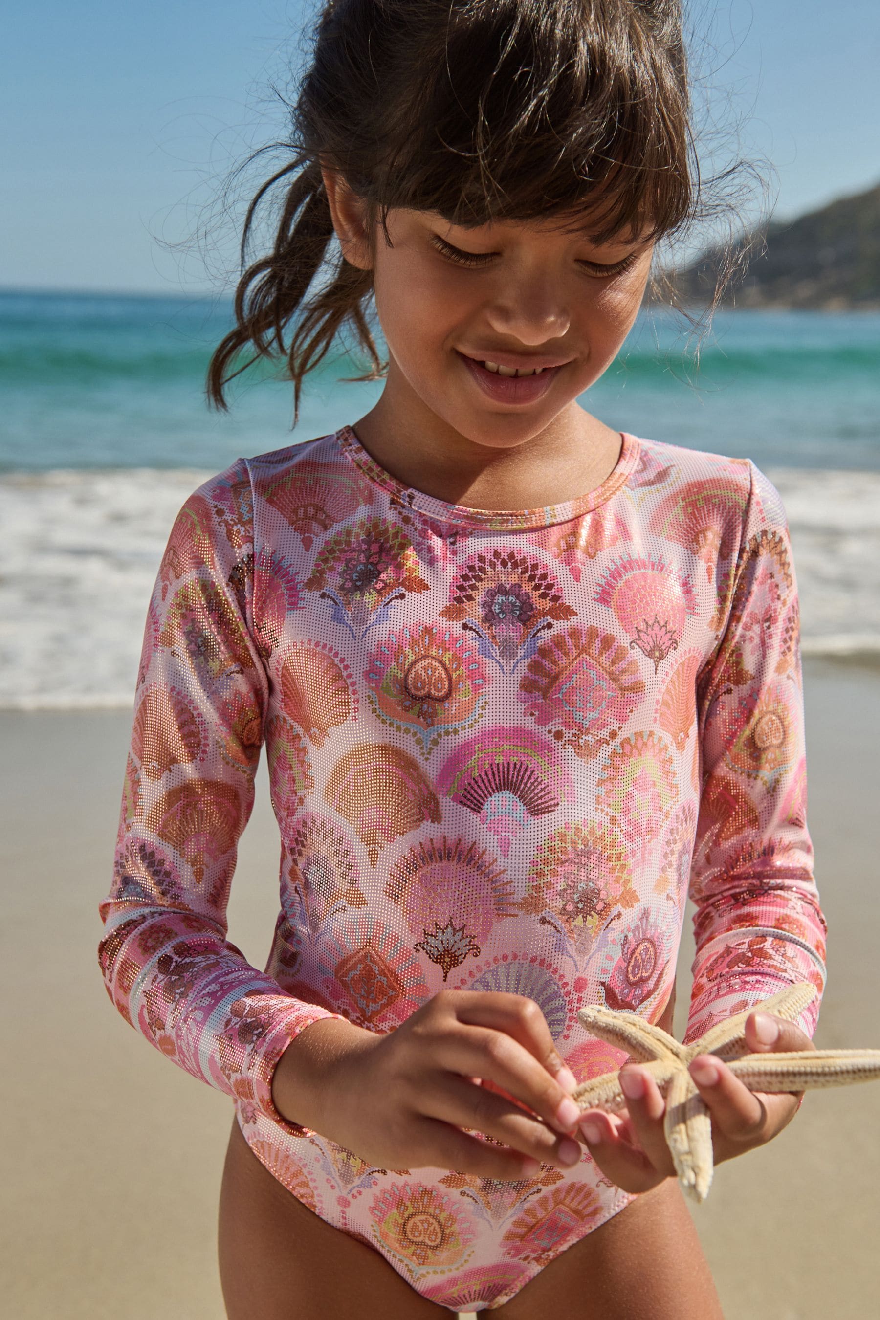 Coral Pink Foil Print Long Sleeve Swimsuit (3-16yrs)