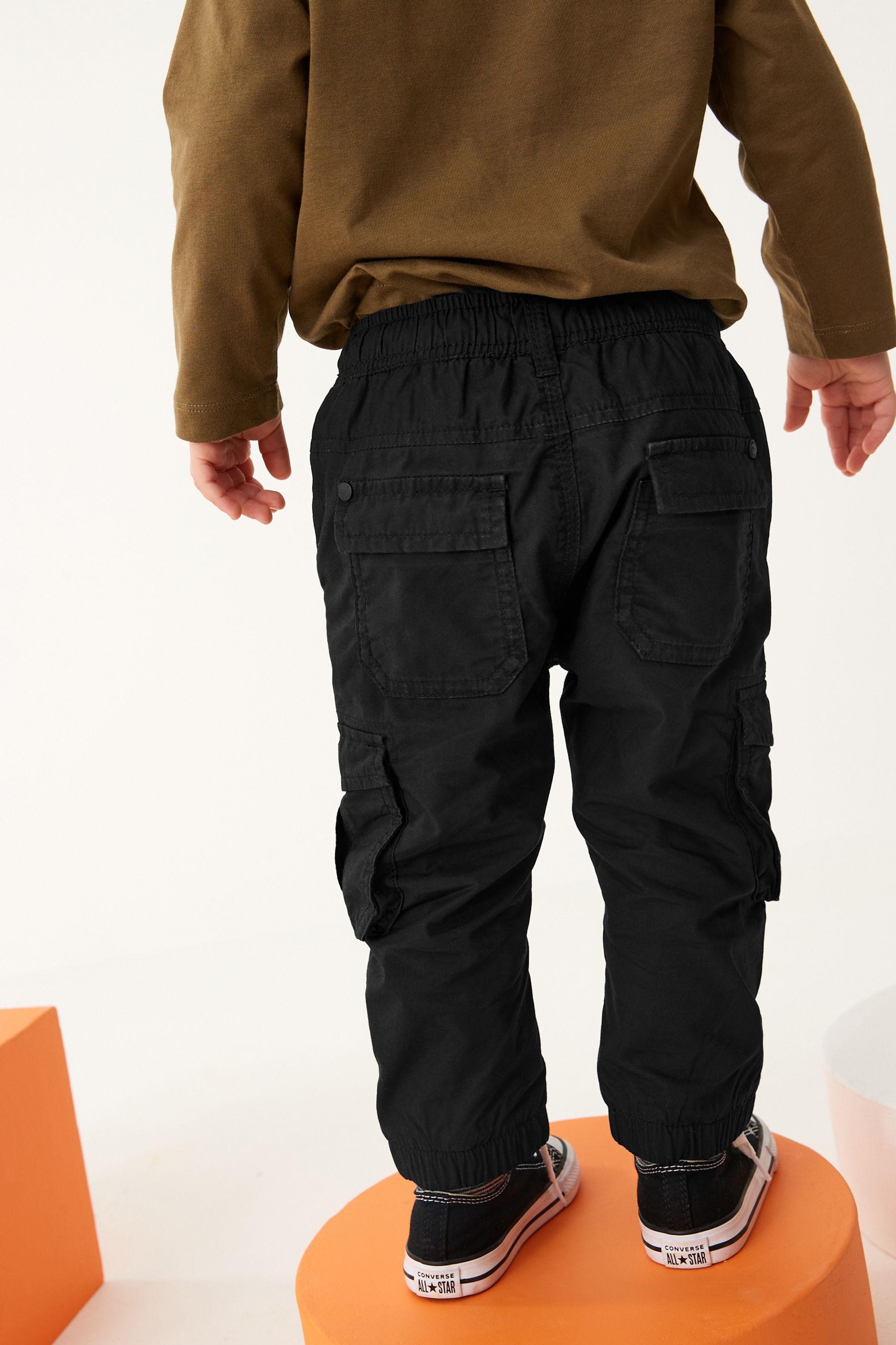 Black Lined 100% Cotton Cargo Trousers (3mths-7yrs)