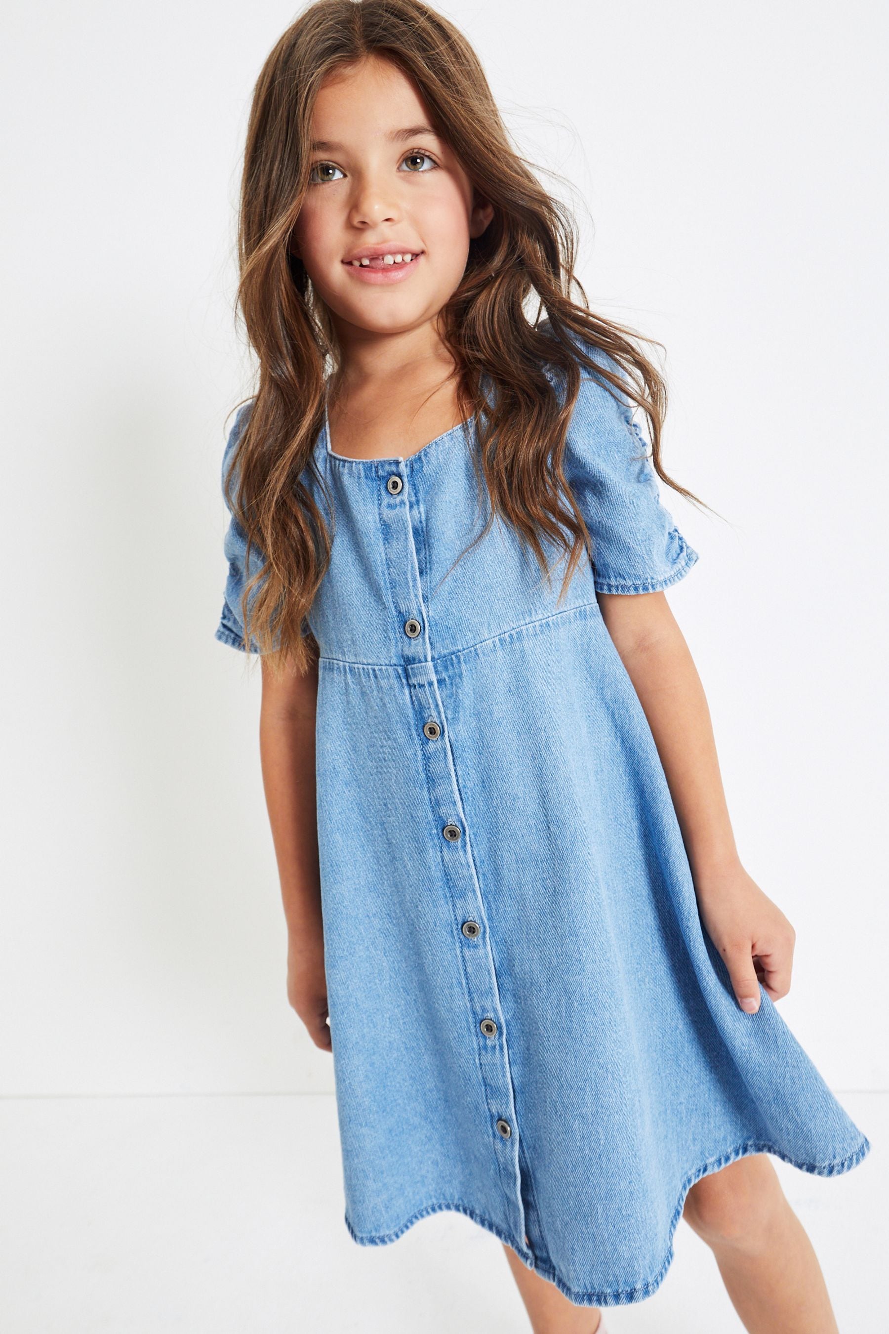 Blue Denim Ruched Sleeve Tea Dress (3-16yrs)