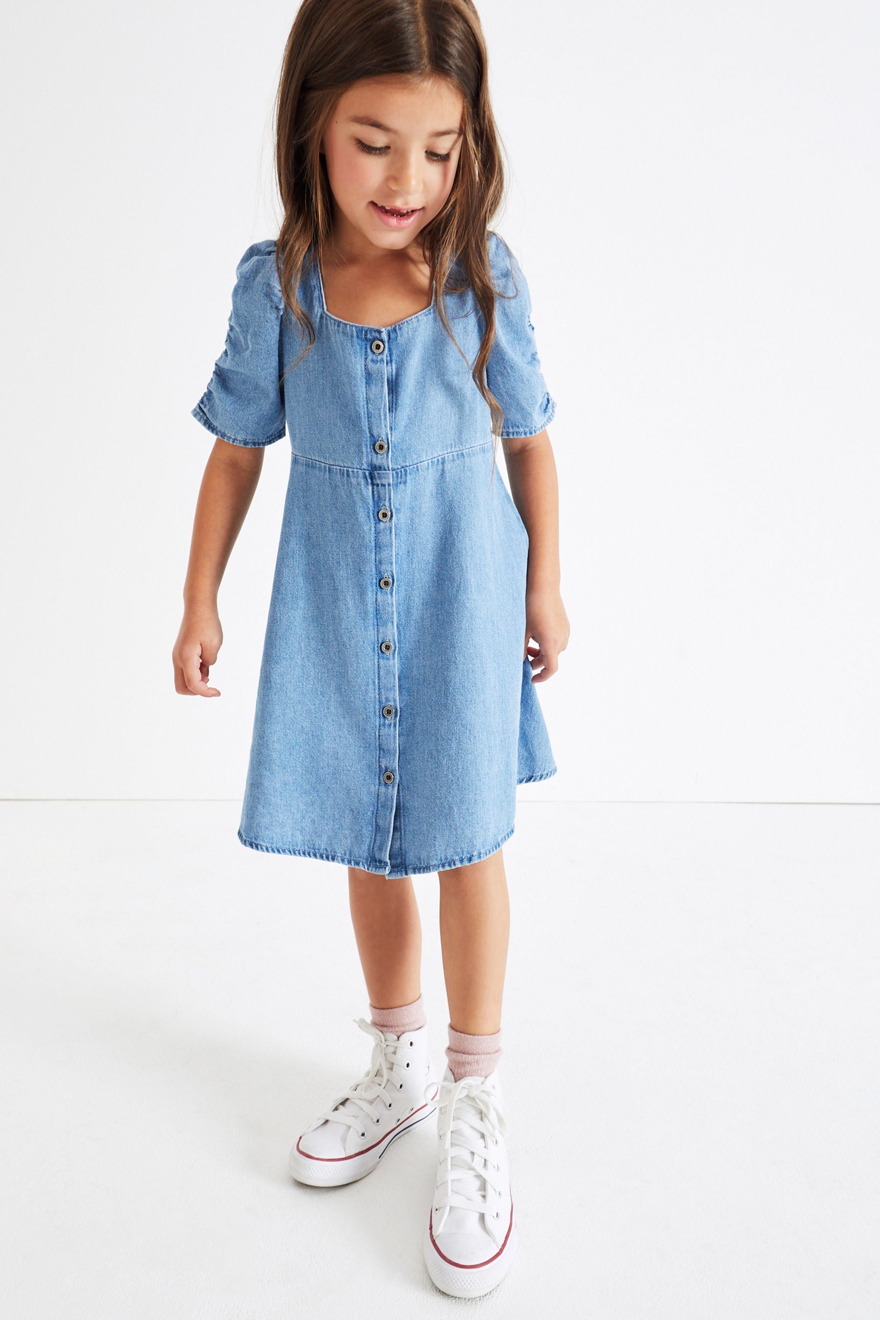 Blue Denim Ruched Sleeve Tea Dress (3-16yrs)