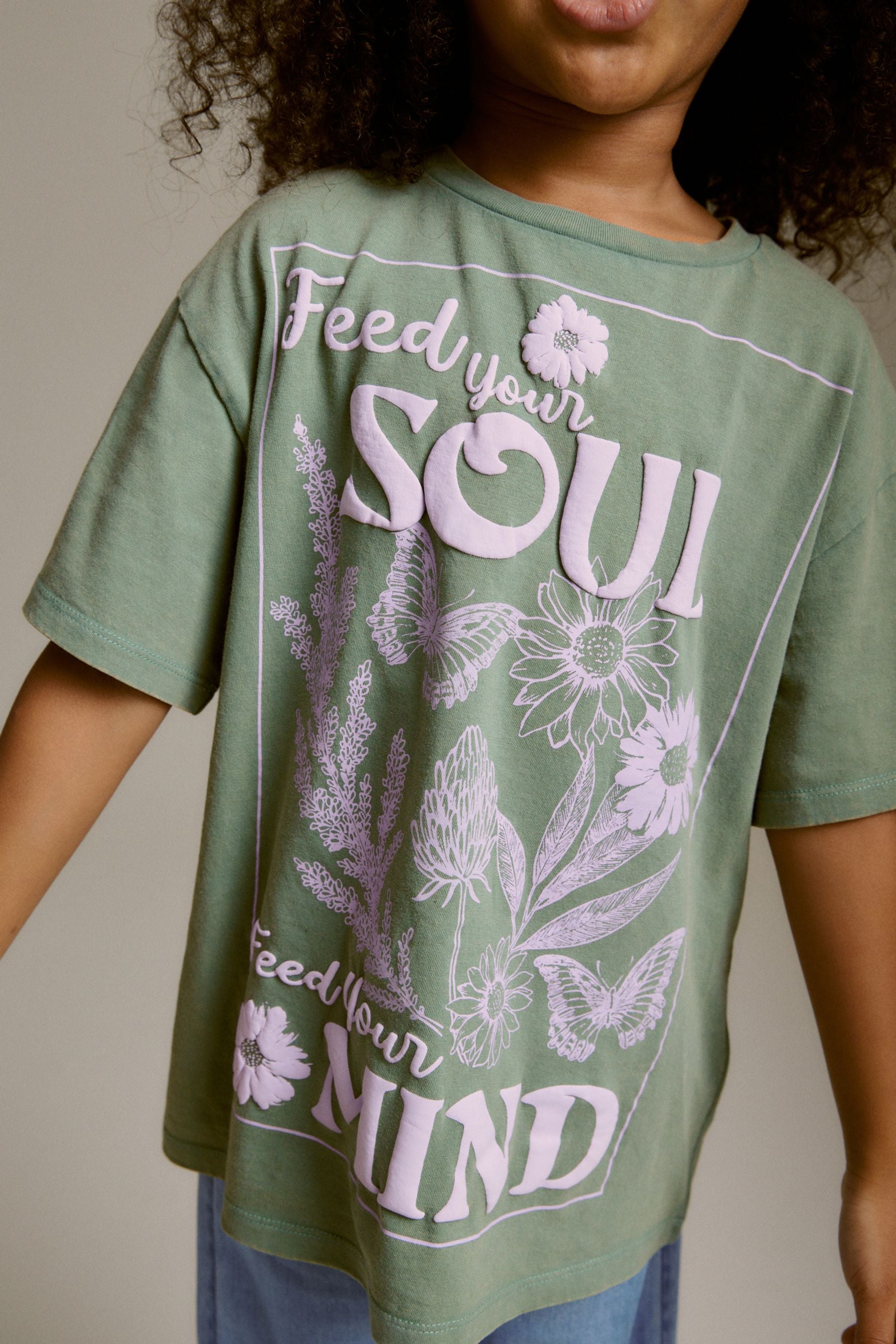 Green Washed Flower Oversized Graphic T-Shirt (3-16yrs)