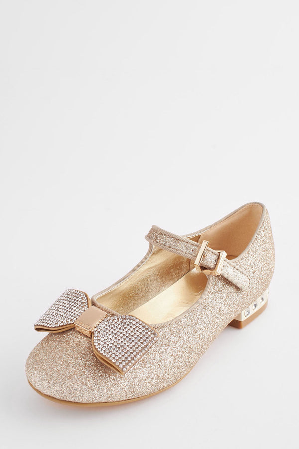 Gold Baker by Ted Baker Girls Gold Glitter Shoes with Rhinestone Bow