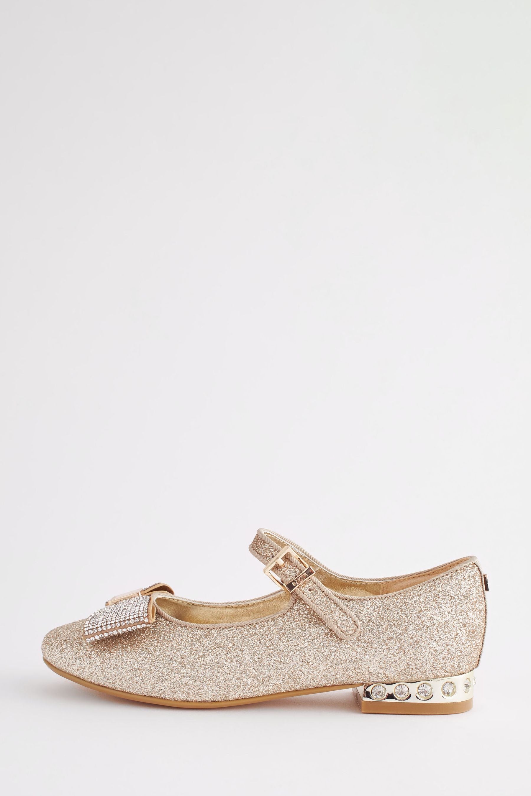 Baker by Ted Baker Girls Gold Glitter Shoes with Rhinestone Bow