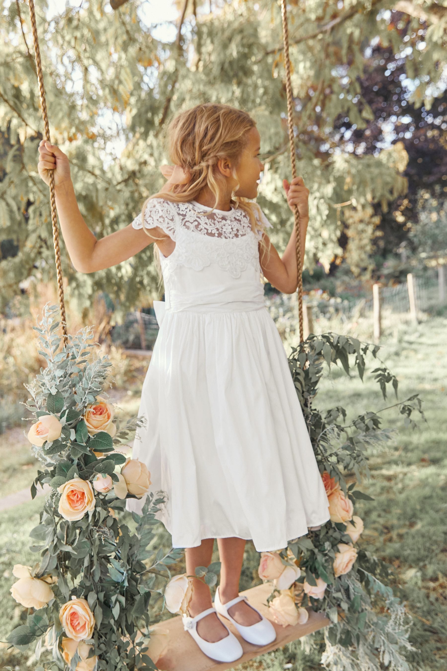 White Lace Bodice Flower Girl Bow Dress (3-16yrs)