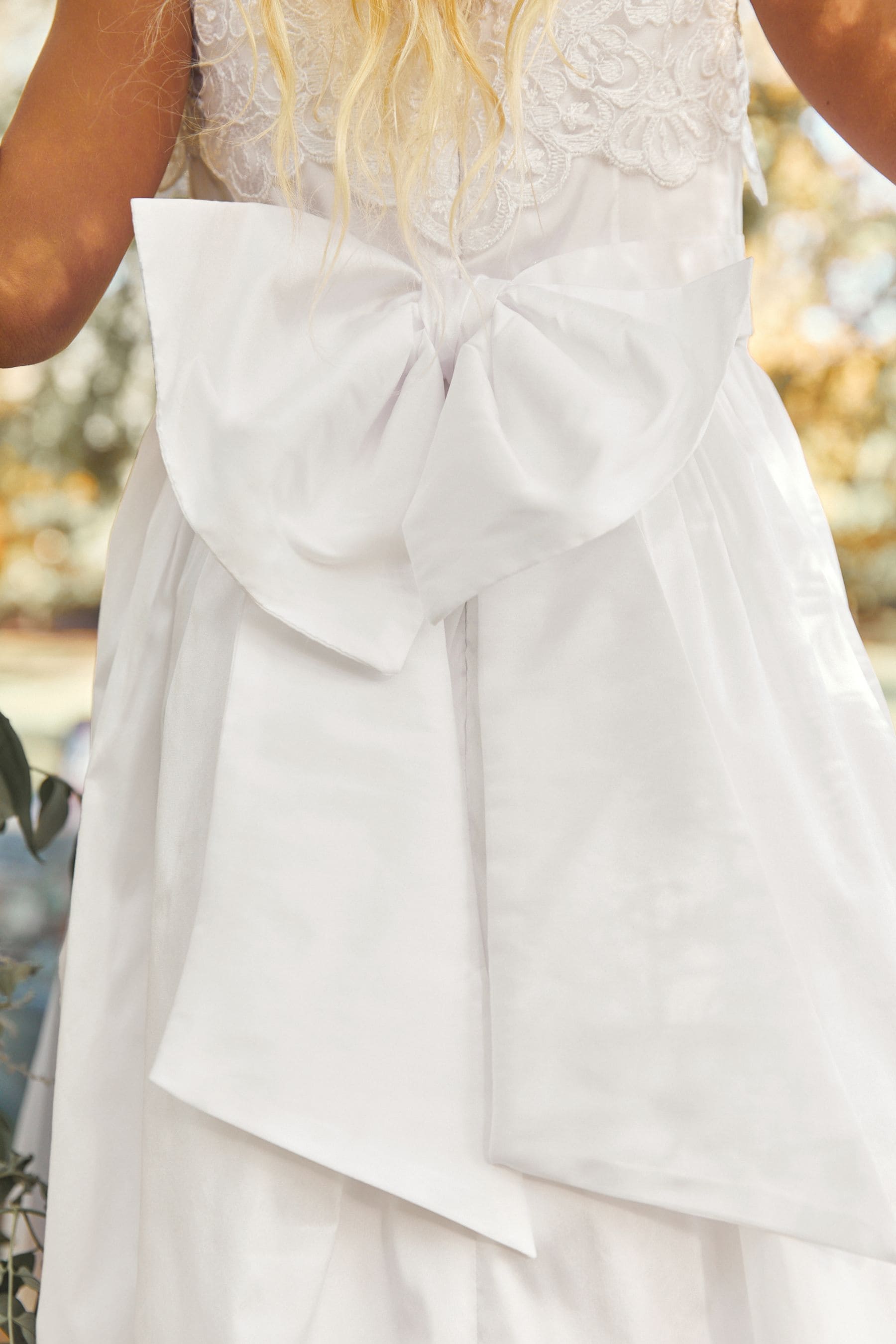 White Lace Bodice Flower Girl Bow Dress (3-16yrs)