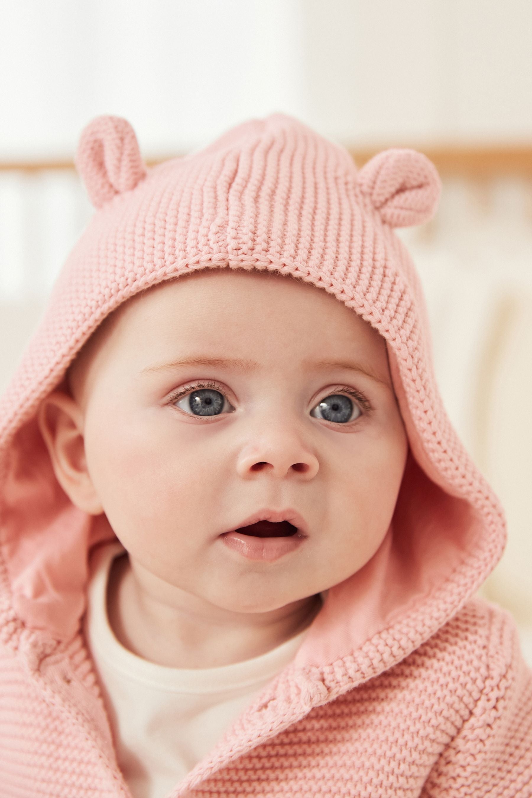 Pale Pink Knitted Baby Ear Hooded Cardigan (0mths-2yrs)