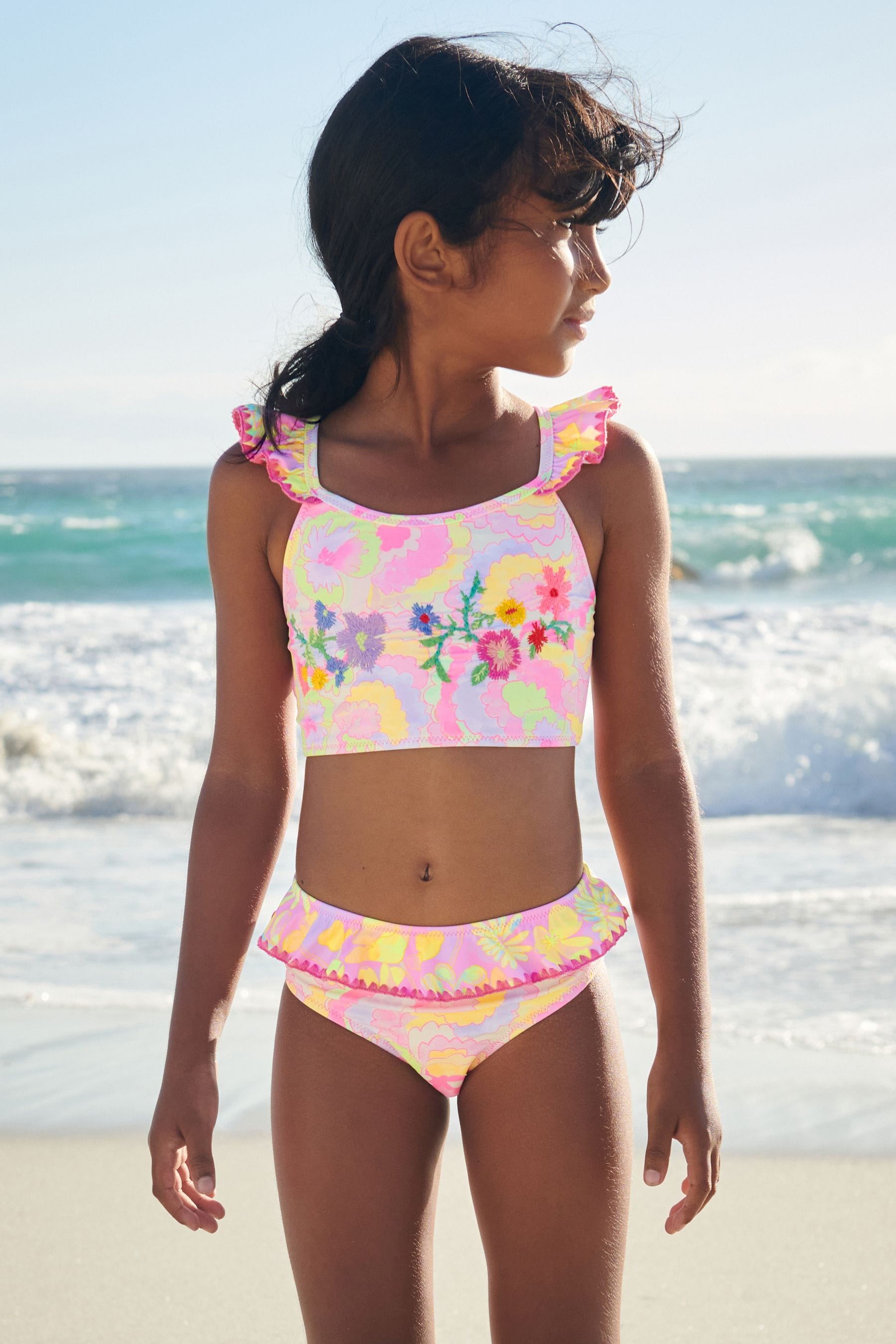 Pink/Green Frill Sleeve Bikini (3-16yrs)