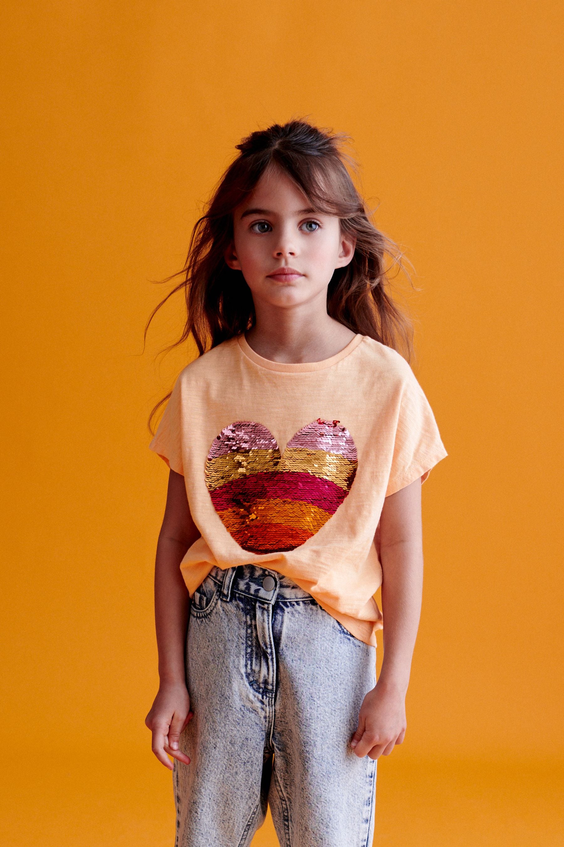 Apricot Orange Heart Sequin T-Shirt (3-16yrs)