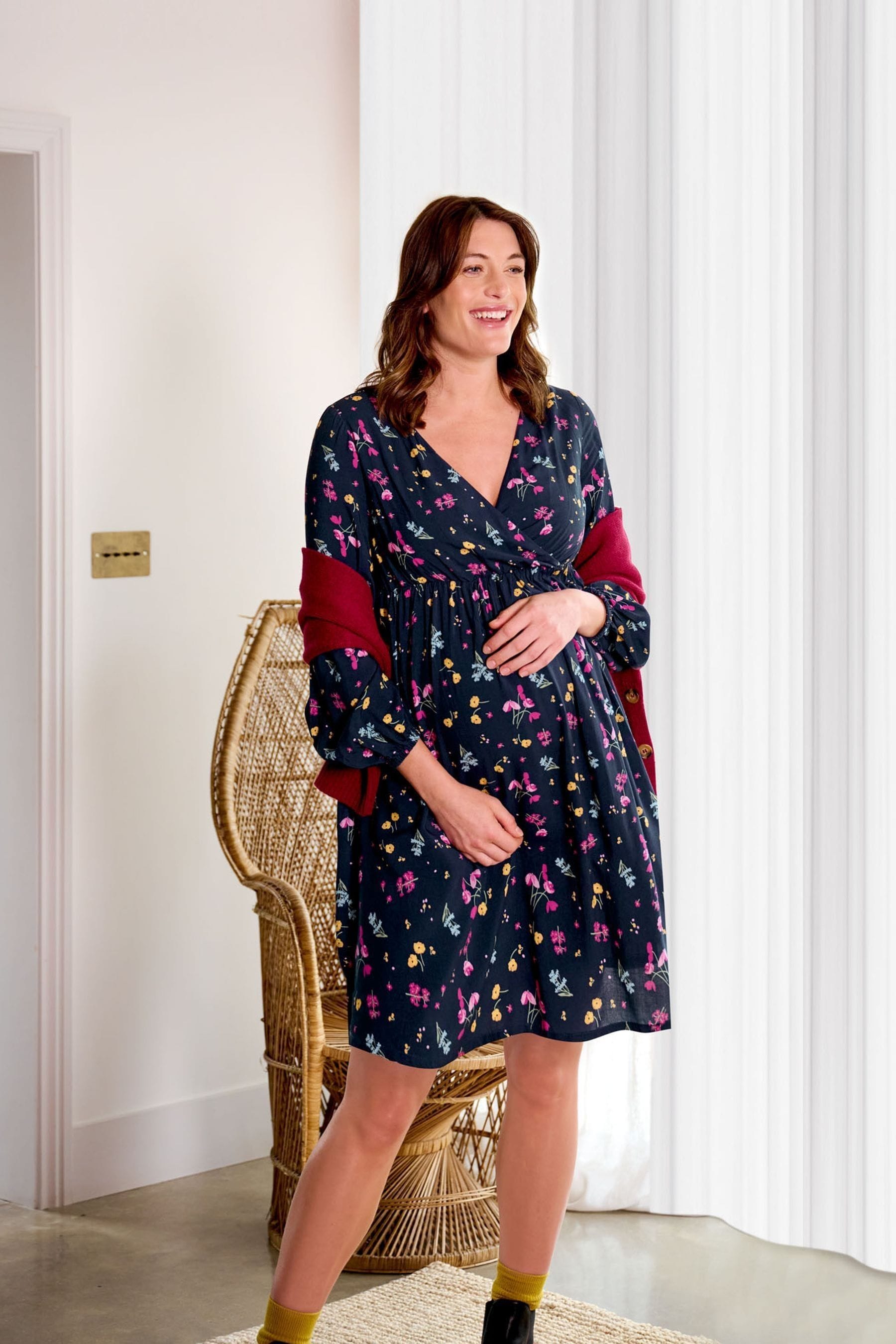 Navy JoJo Maman Bébé Floral Wrap Maternity Dress