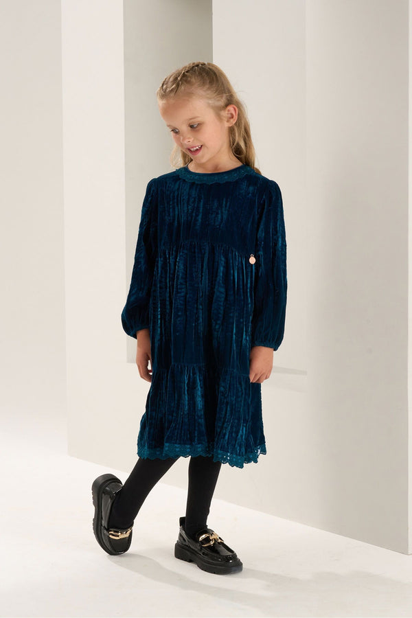 Angel & Rocket Blue Mia Crushed Velvet Lace Collar Dress