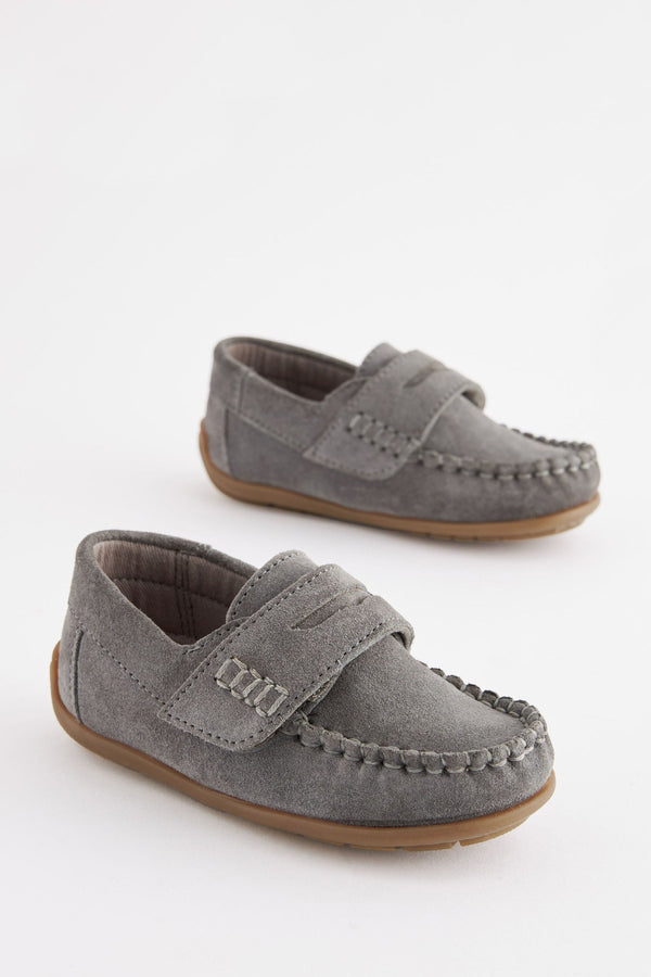 Grey Standard Fit (F) Leather Penny Loafers with Touch and Close Fastening