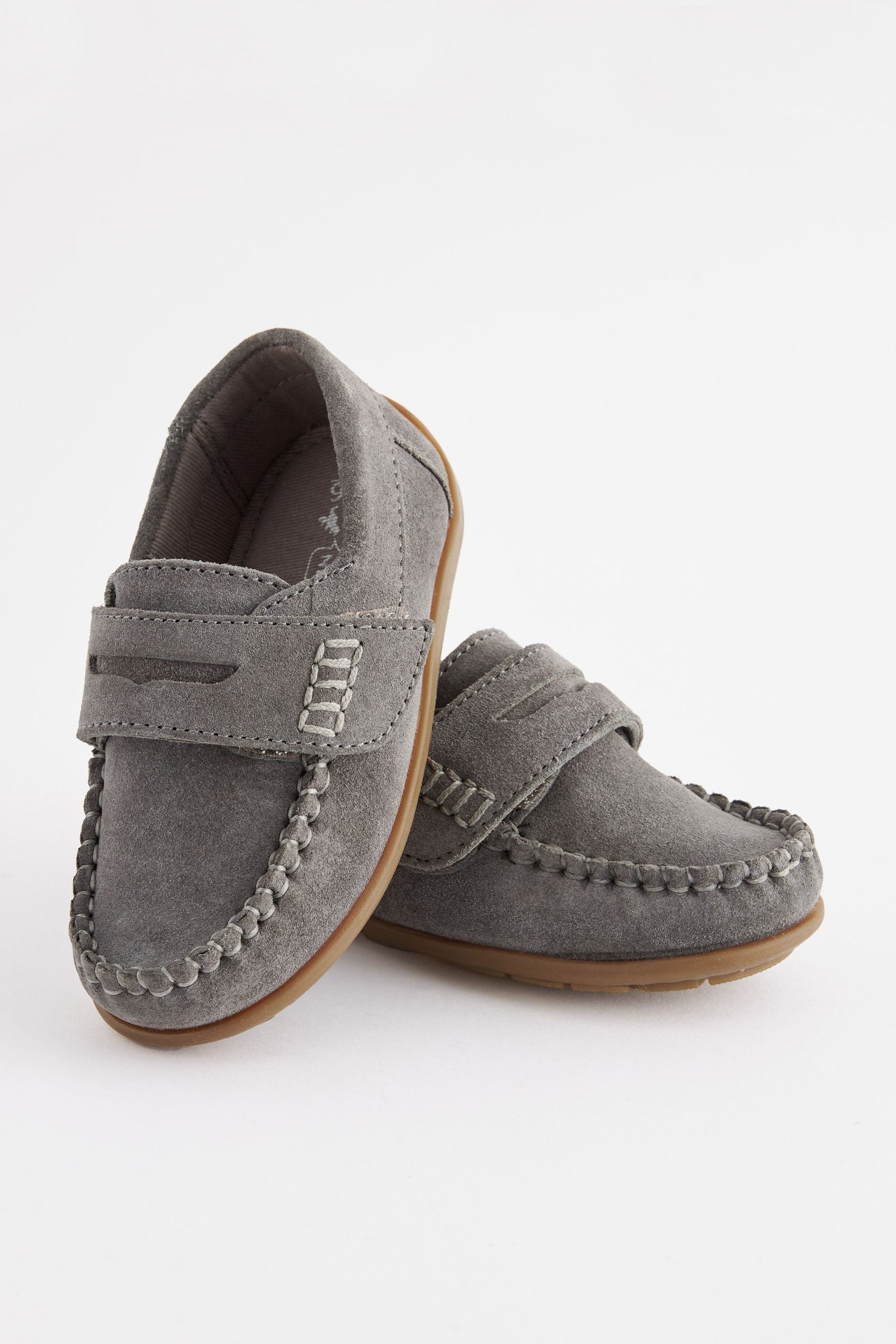 Grey Standard Fit (F) Leather Penny Loafers with Touch and Close Fastening